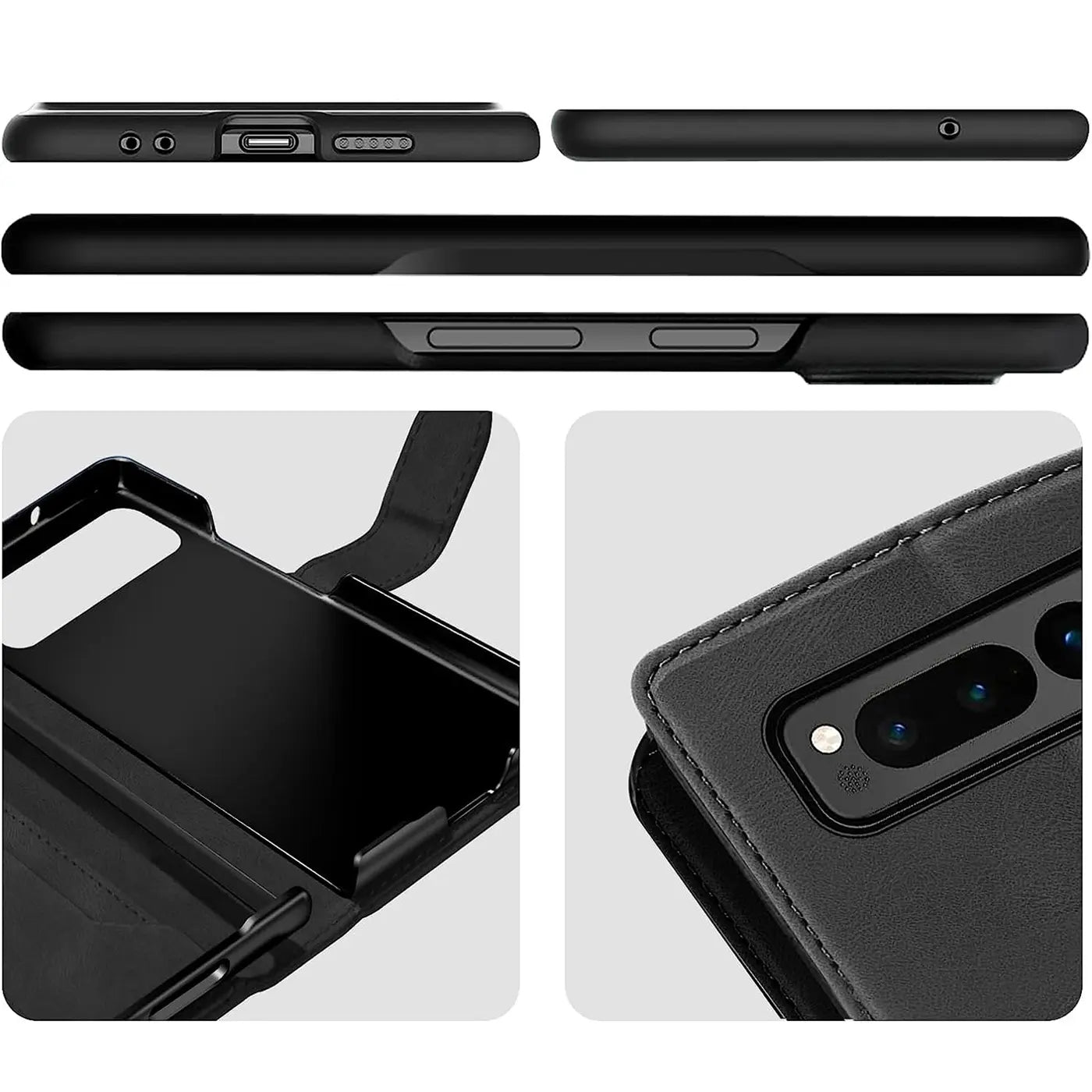 Schwarze Kunstleder-Klapphülle für Google Pixel Fold, von verschiedenen Seiten und innen gezeigt.
