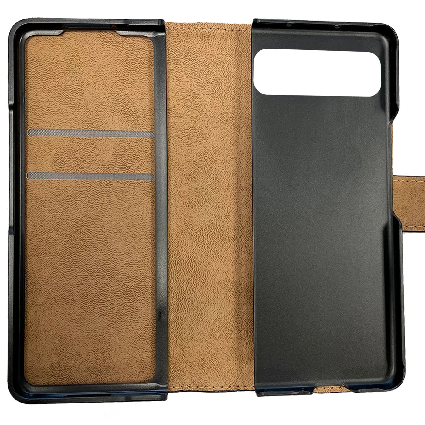 Offene schwarze Google Pixel Fold Klapphülle aus Kunstleder mit brauner Innenseite und zwei Kartenfächern, von oben.