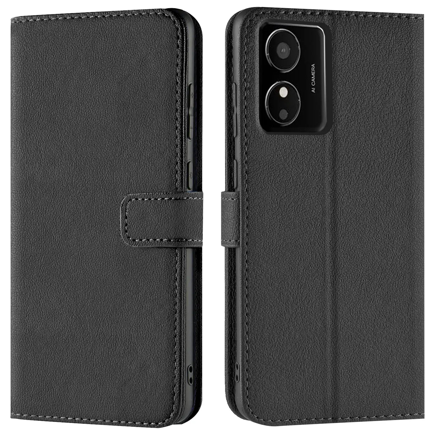 Schwarze Leder-Klapphülle mit Kartenfächern, Vorder- und Rückansicht, zeigt Handy-Kamera.