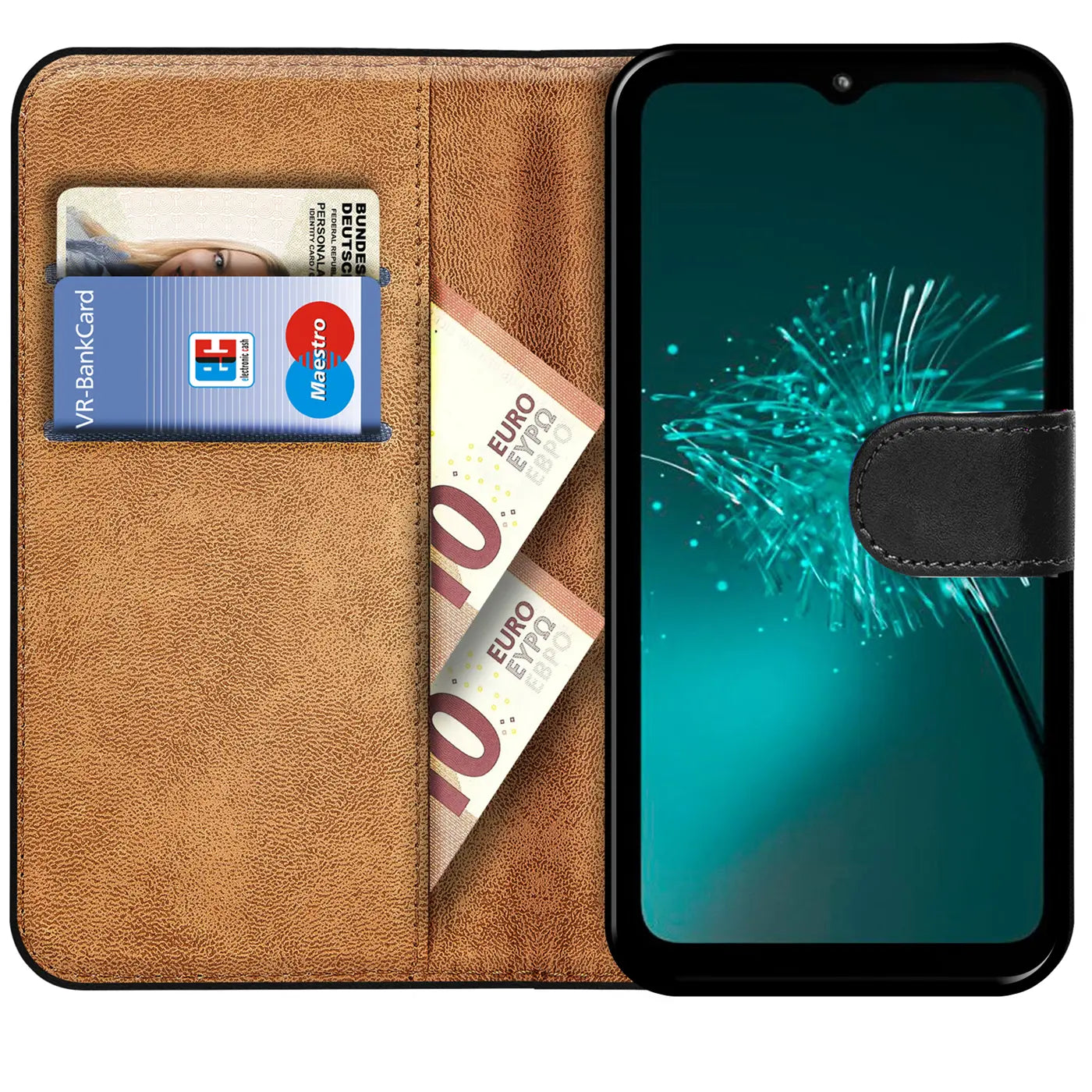 Braune Kunstleder-Klapphülle mit Kartenfächern und Geldscheinen, zeigt Smartphone.