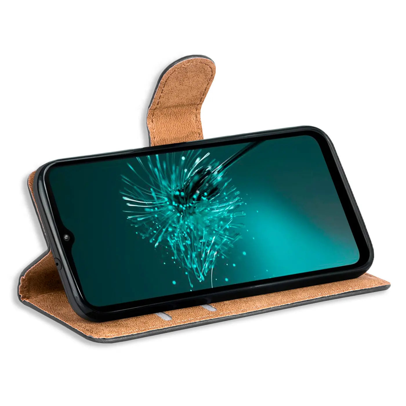 Braune Kunstleder-Klapphülle mit Kartenfächern, zeigt Smartphone von vorne, leicht schräg.