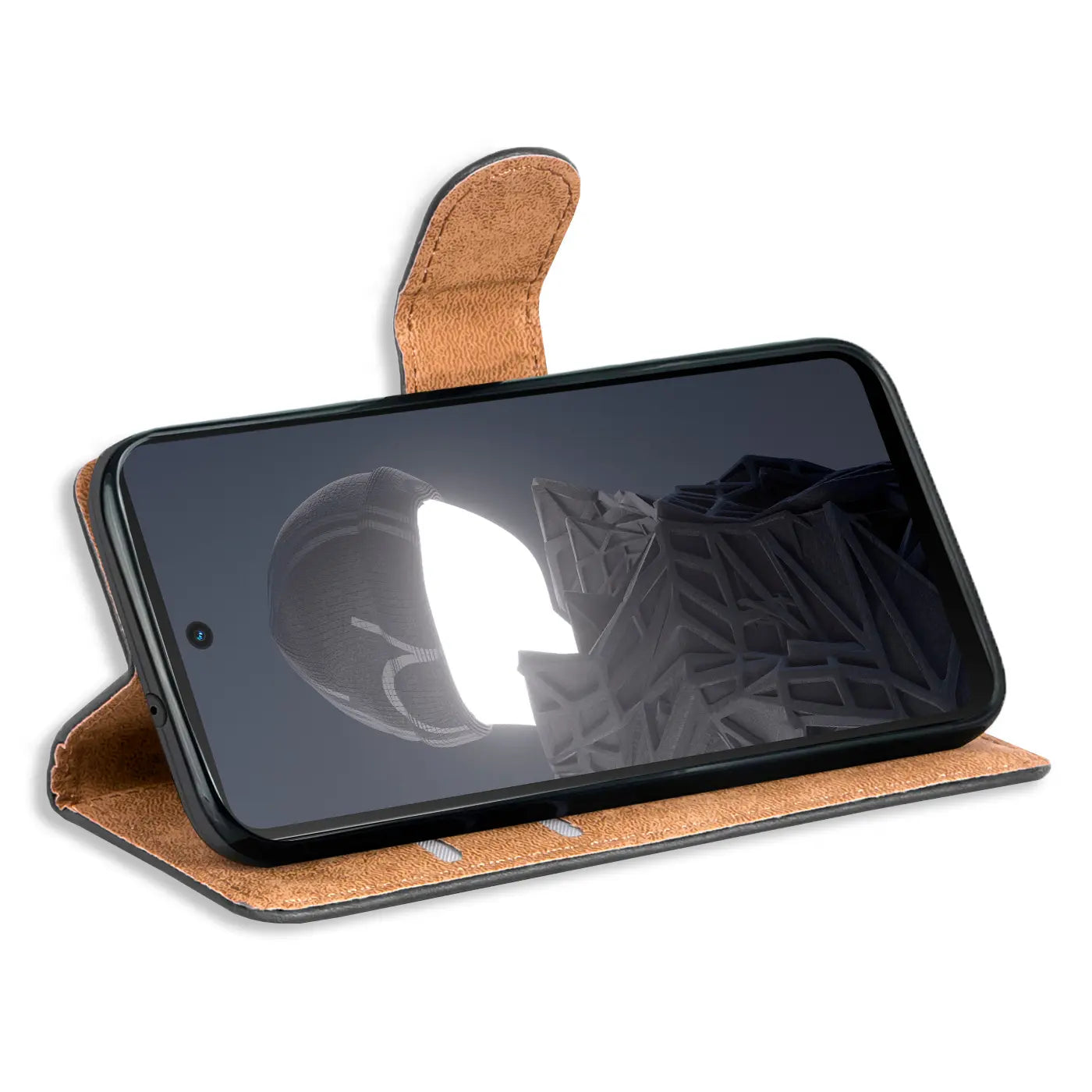 Braune Kunstleder-Klapphülle mit Kartenfächern, seitliche Ansicht, zeigt ein Smartphone.