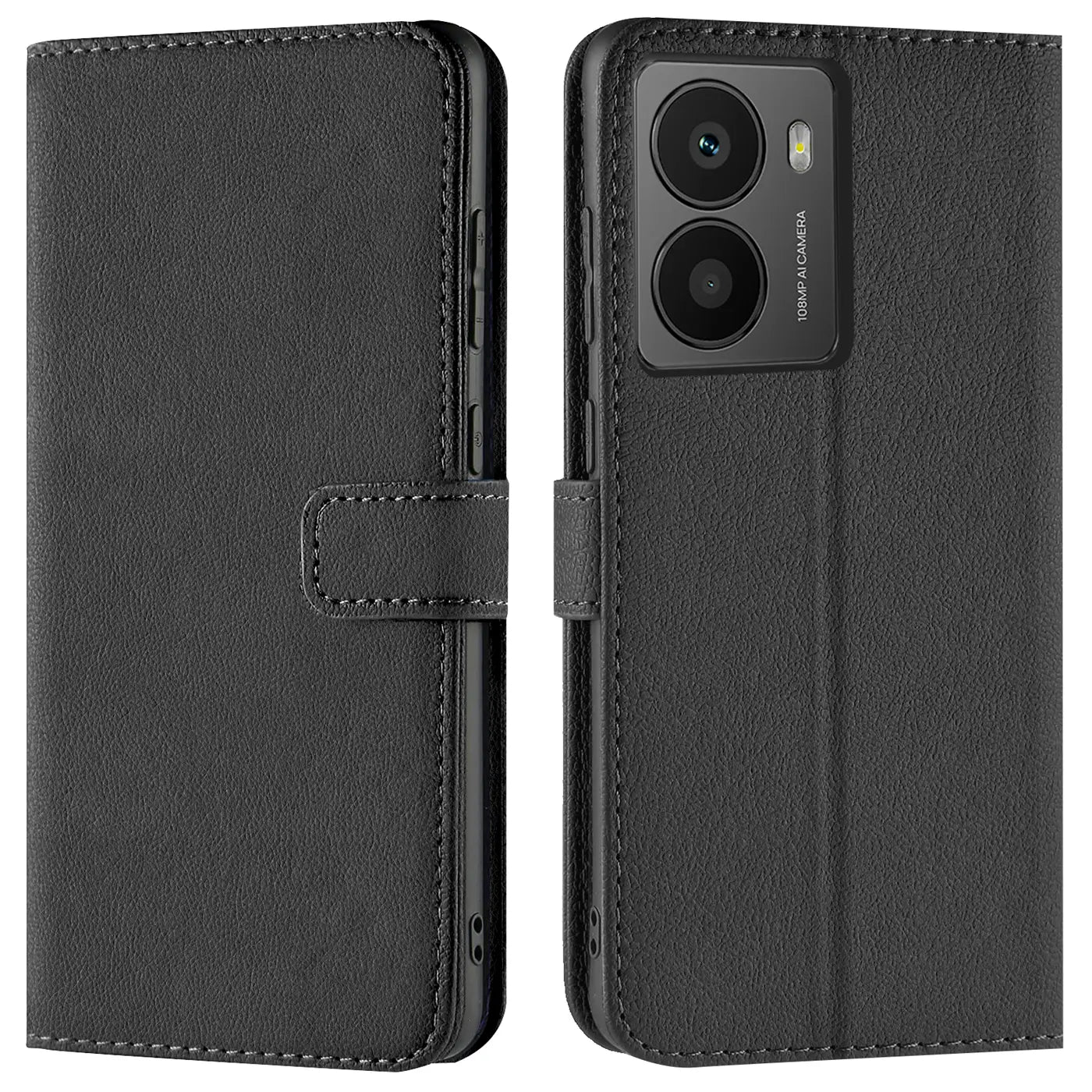 Schwarze Leder-Klapphülle mit Kartenfächern, Vorder- und Rückansicht, HMD Fusion X1 erkennbar.