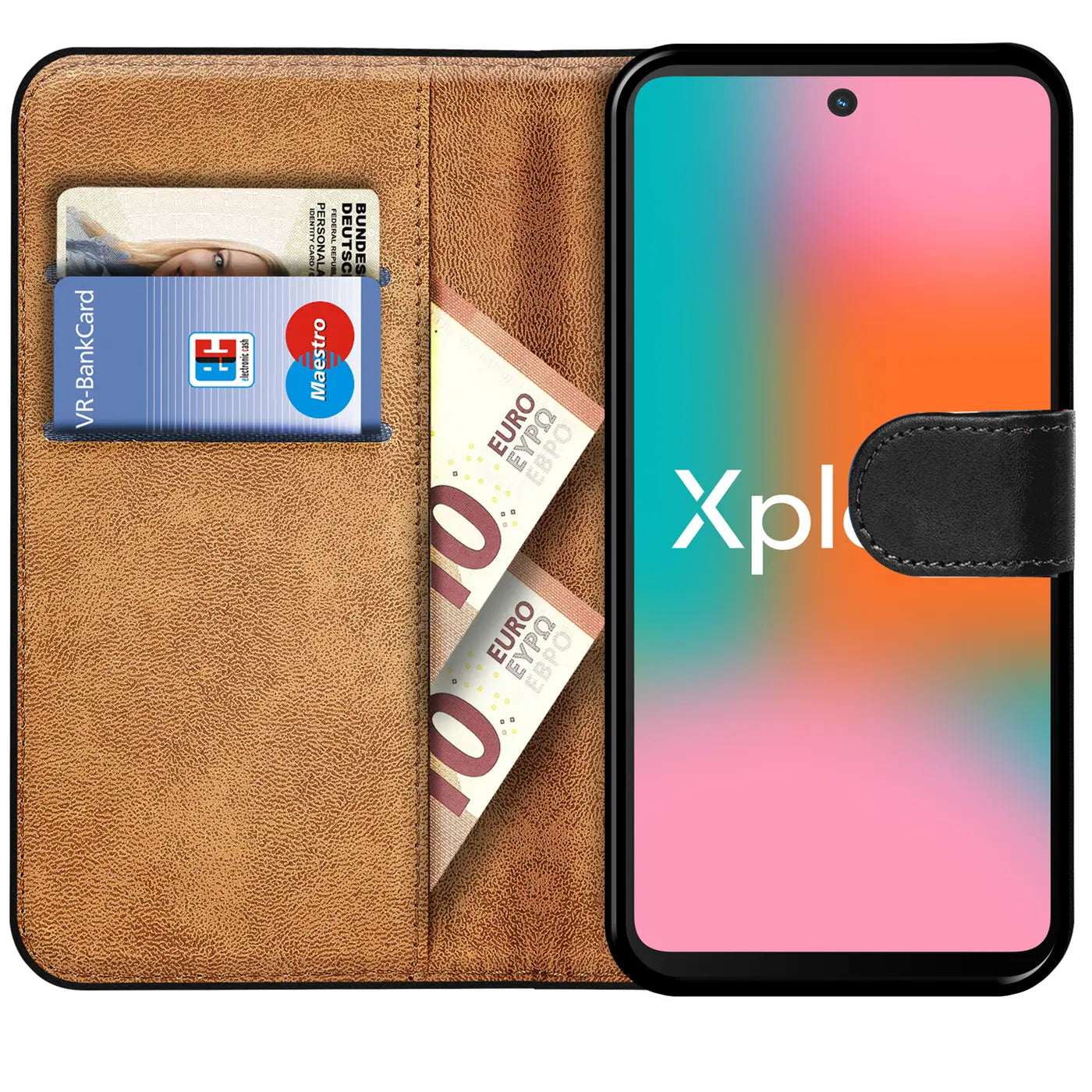 Braune Kunstleder-Klapphülle mit Kartenfächern, Geld, VR-Bankkarte, Maestro-Karte, 10€-Scheinen. HMD Fusion X1.