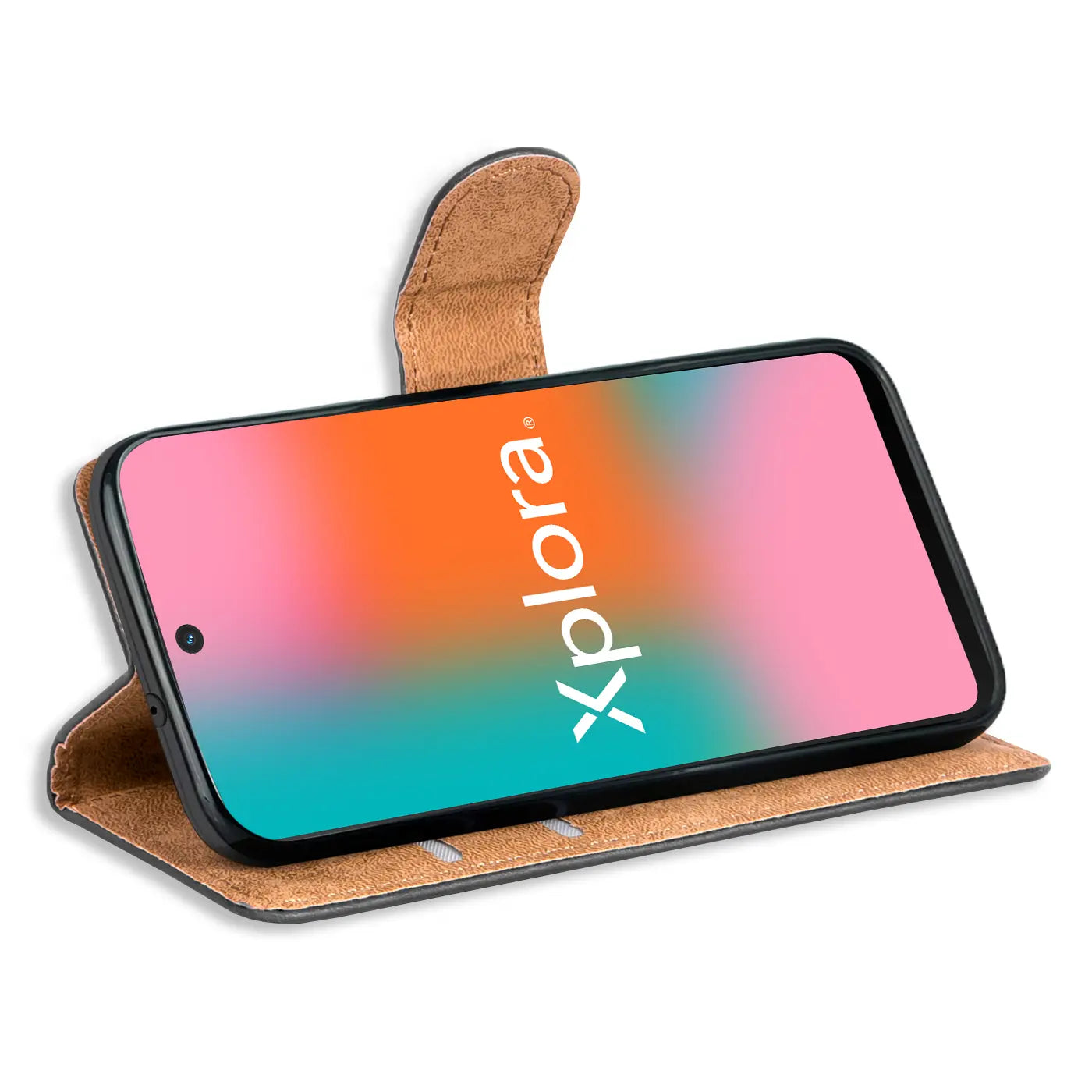 Braune Kunstleder-Klapphülle mit Kartenfächern, zeigt ein Smartphone mit Xplora-Logo.