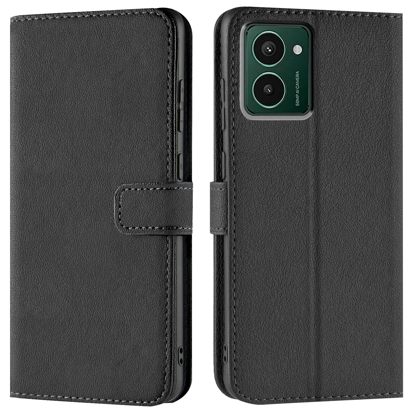 Schwarze Leder-Klapphülle mit Kartenfächern, Vorder- und Rückansicht, HMD Pulse.