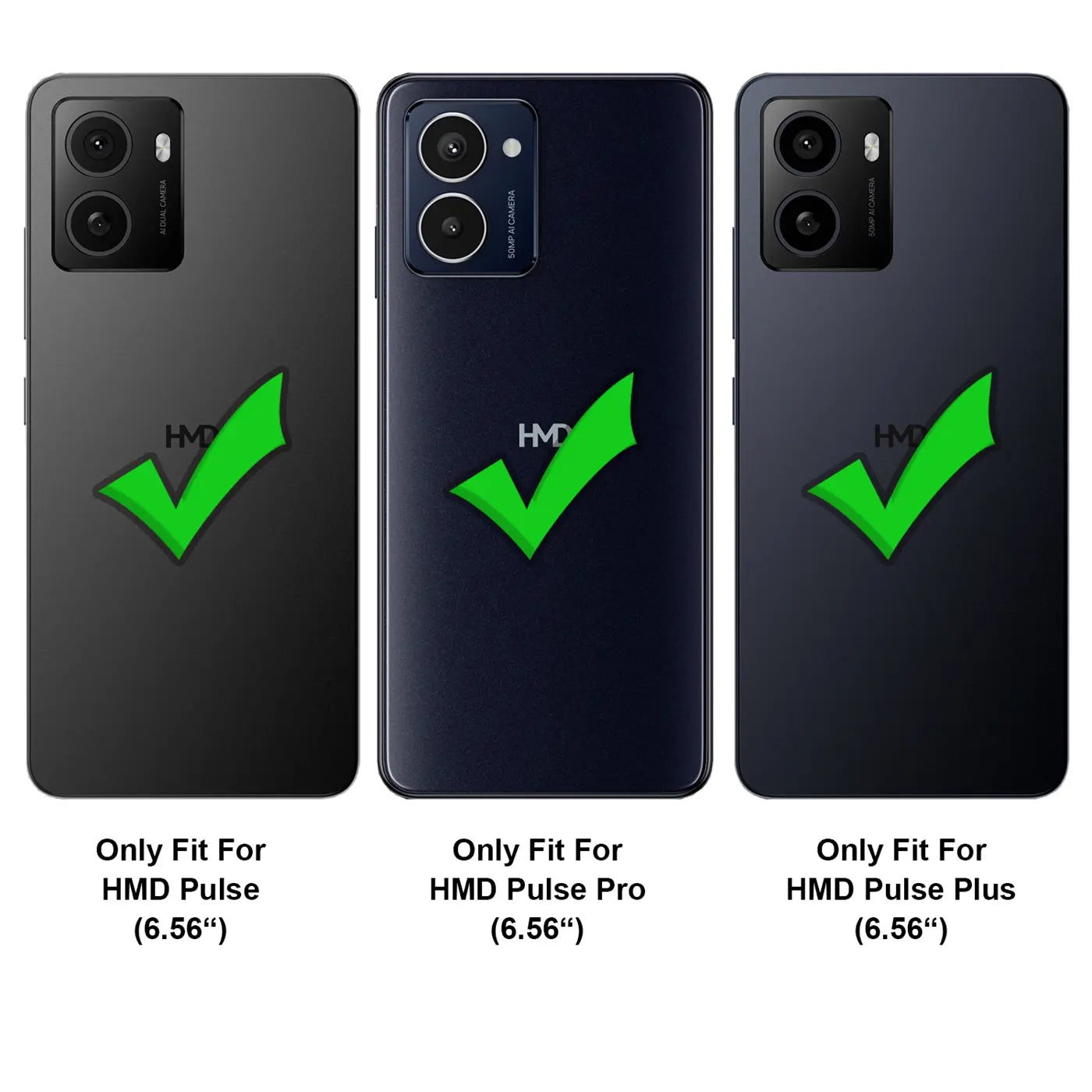 Drei HMD Pulse Smartphones in Schwarz/Dunkelblau, Rückansicht, mit grünen Häkchen.