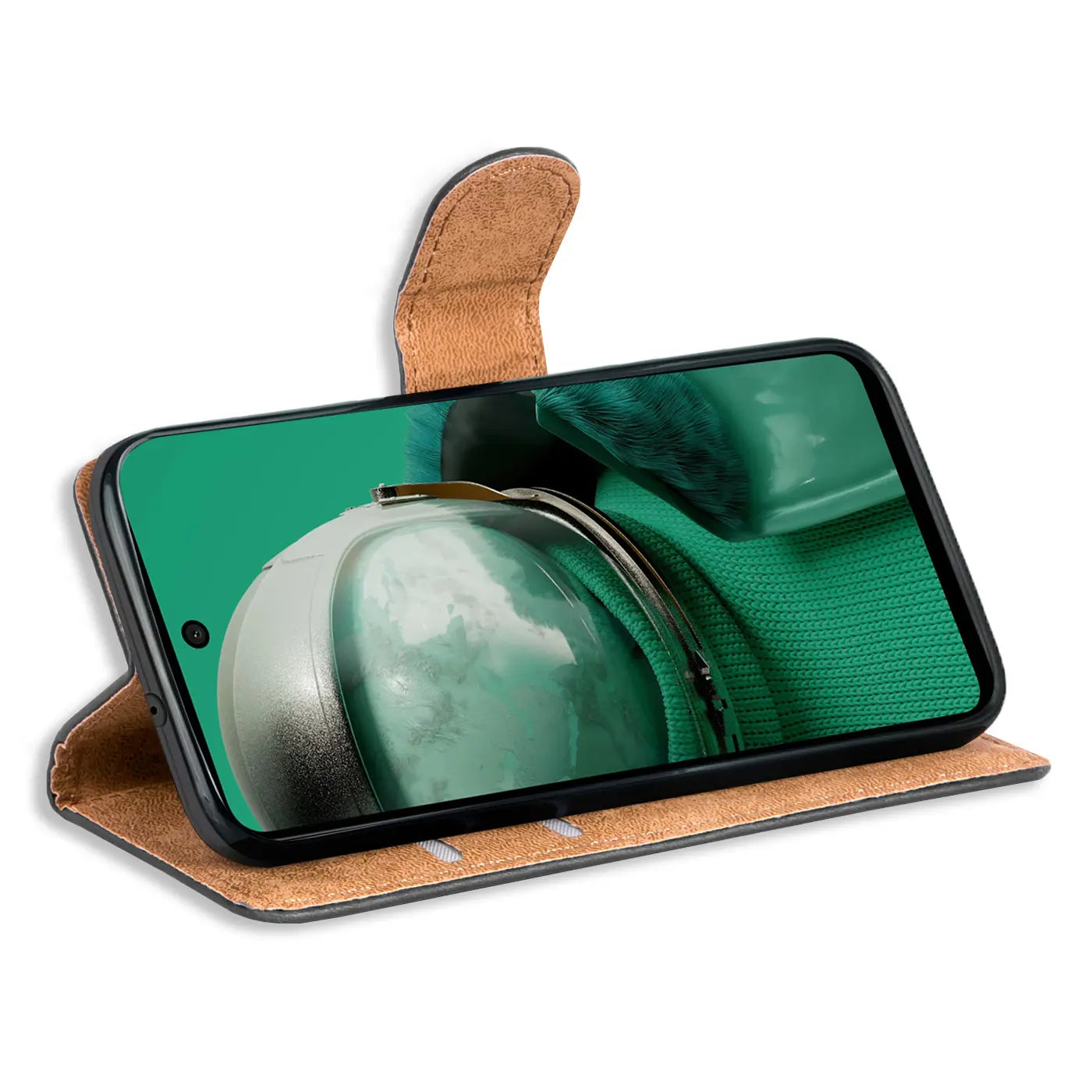 Braune Leder-Klapphülle mit Kartenfächern, HMD Pulse/PRO/+, aus der Seitenansicht
