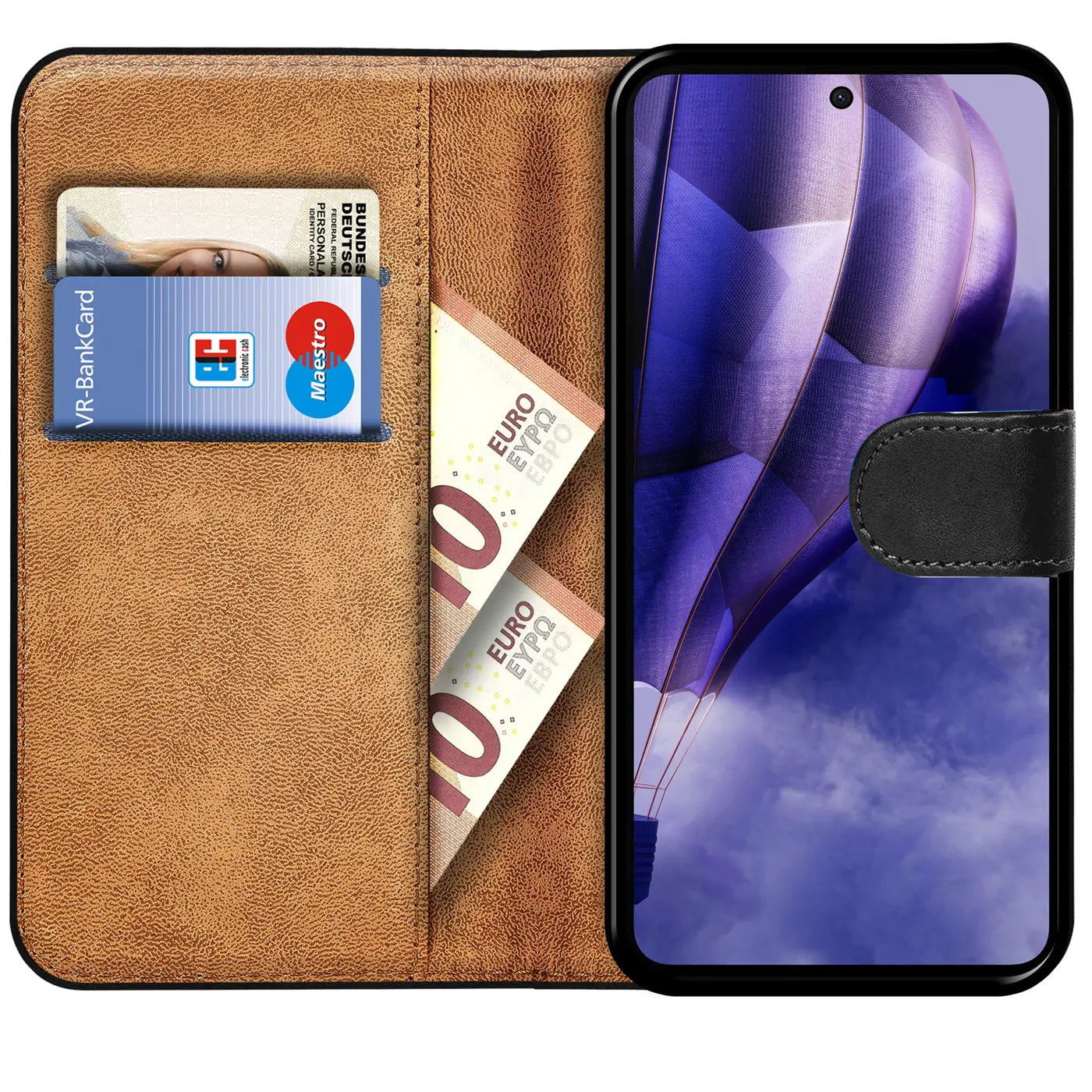 Braune Kunstleder-Klapphülle mit Kartenfächern, Geld, VR-BankCard, Maestro, Euroscheinen.