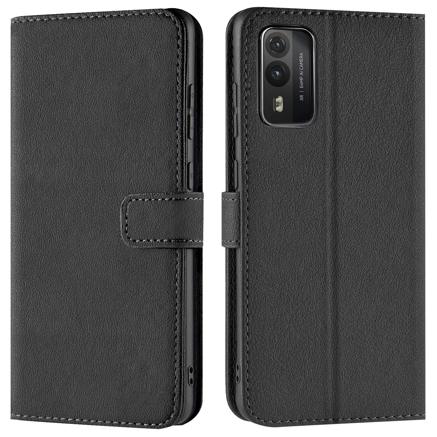 Schwarze Leder-Klapphülle mit Kartenfächern, Vorder- und Rückansicht, HMD XR21 erkennbar.
