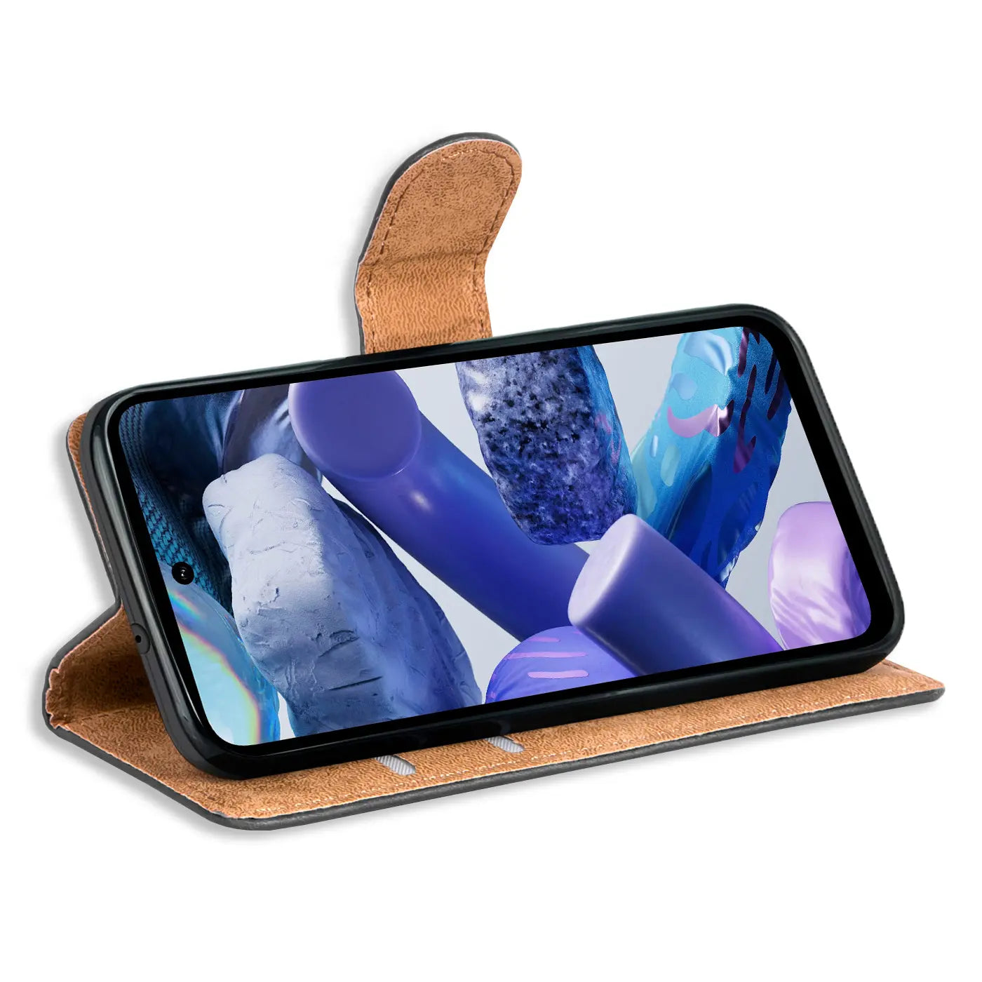 Braune Kunstleder-Klapphülle mit Kartenfächern, HMD XR21 von vorne, leicht schräg