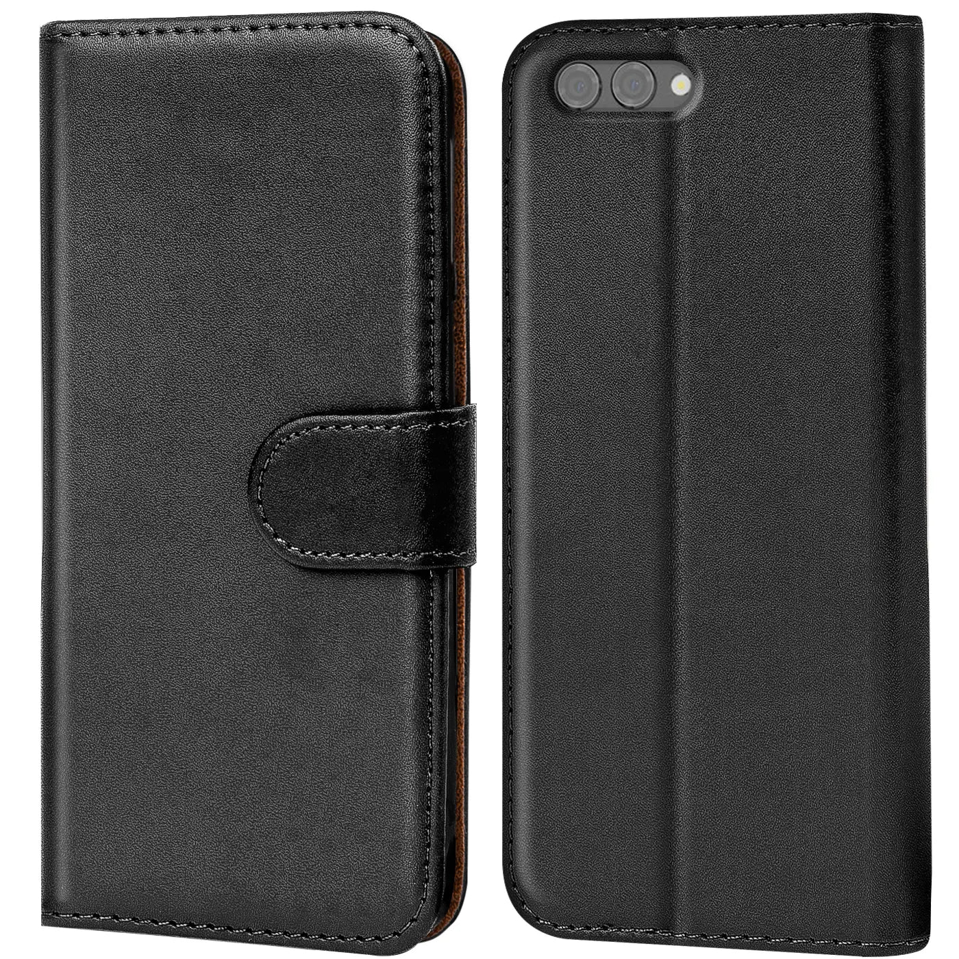 Schwarze Leder-Klapphülle mit Kartenfächern, Vorder- und Rückansicht, für Honor 10