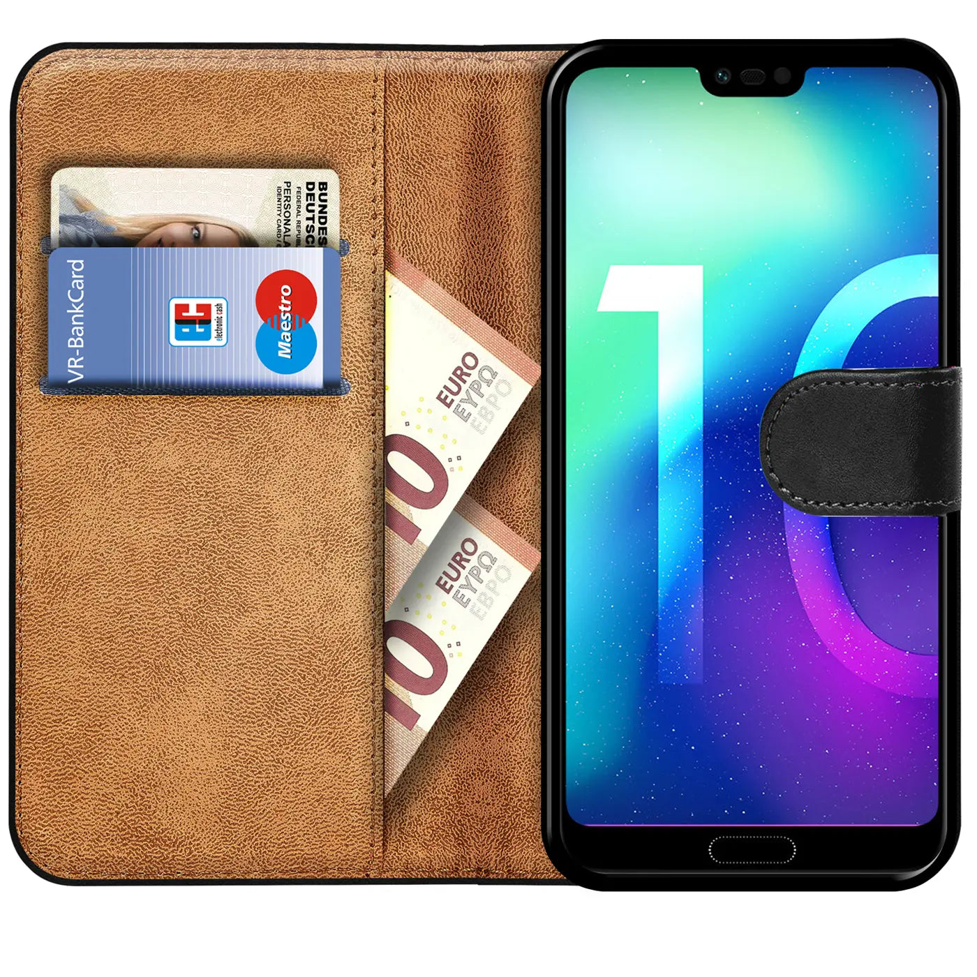 Braune Kunstleder-Klapphülle mit Kartenfächern, zeigt Honor 10.
