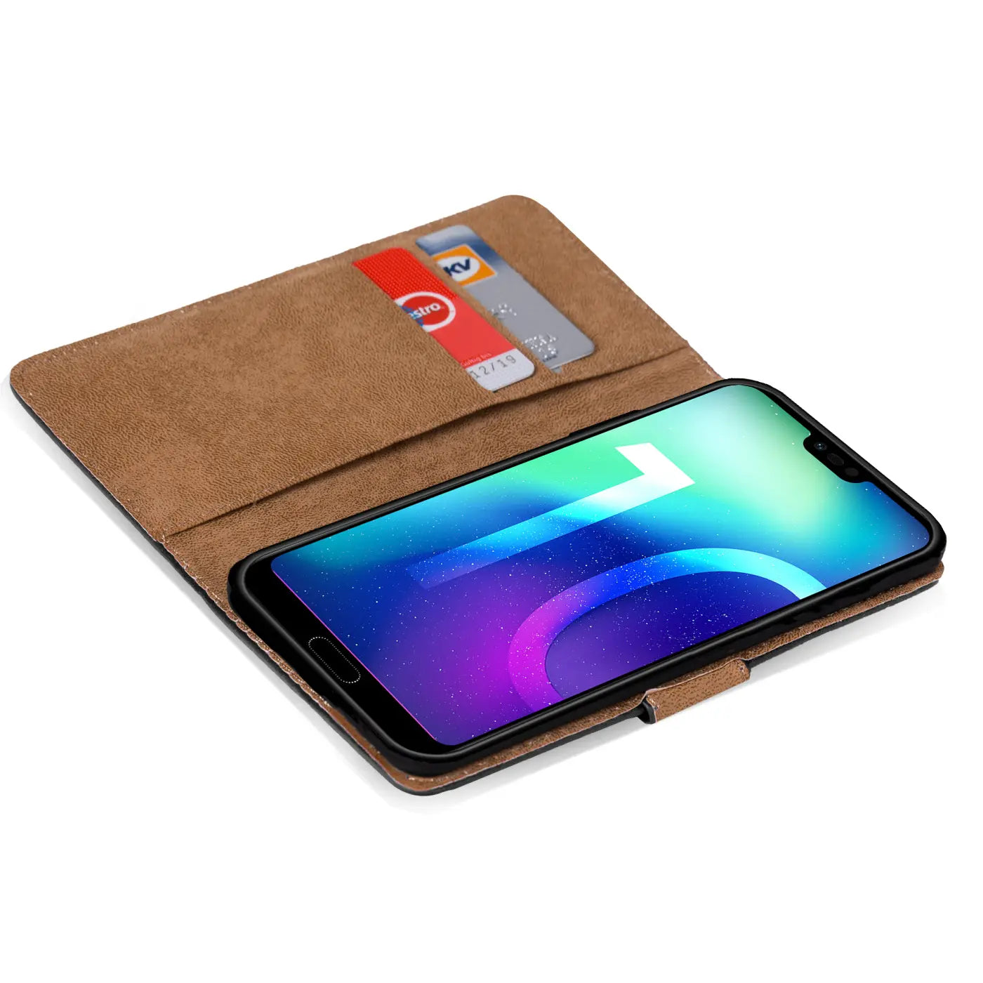 Braune Kunstleder-Klapphülle mit Kartenfächern, Honor 10 Smartphone, von oben schräg
