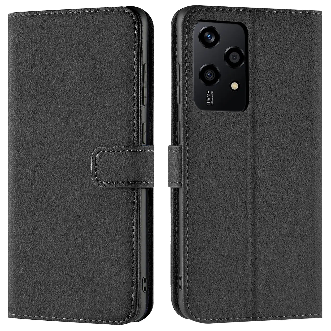 Schwarze Kunstleder-Klapphülle mit Kartenfächern, Vorder- und Rückansicht, Honor 200 Lite.