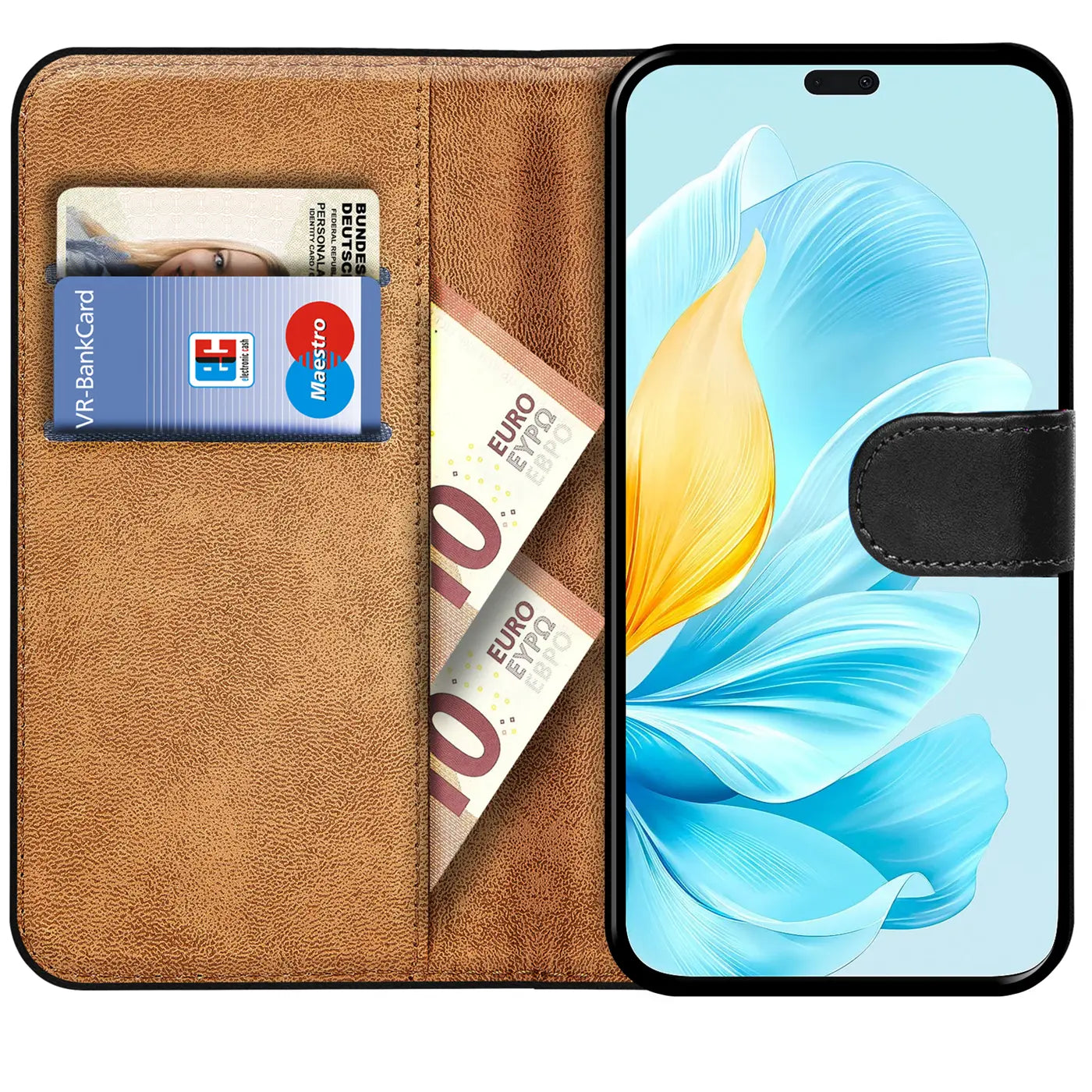 Braun Kunstleder Hülle mit Kartenfächern, VR-Bankkarte, Maestro, Euroscheine, Honor 200 Lite.