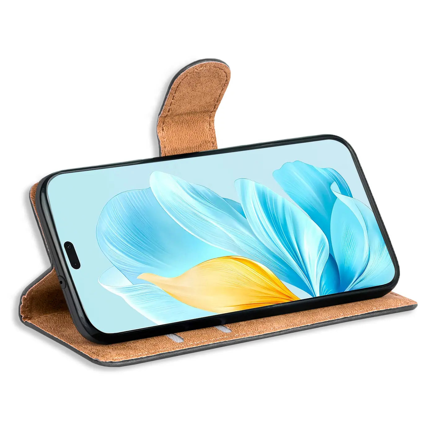 Braune Kunstleder-Klapphülle mit Kartenfächern, Honor 200 Lite, Seitenansicht.