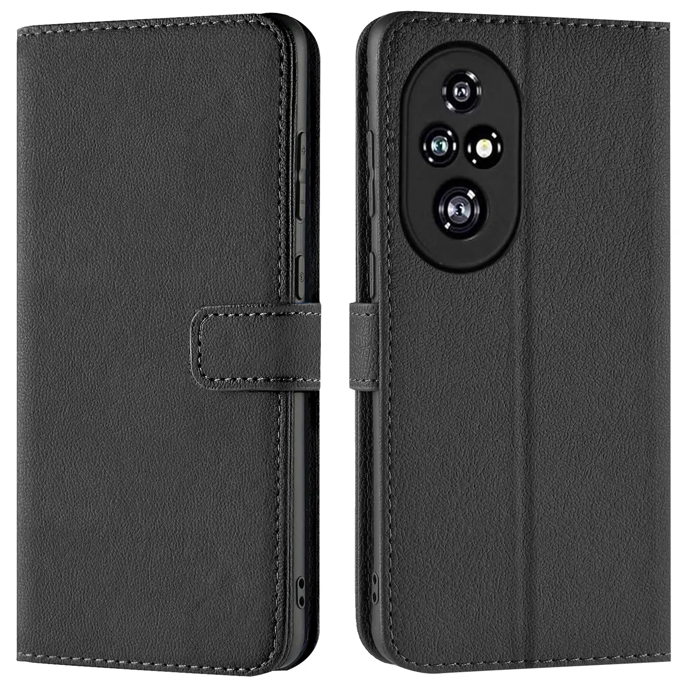 Schwarze Kunstleder-Klapphülle für Honor 200 Pro, Vorder- und Rückansicht.