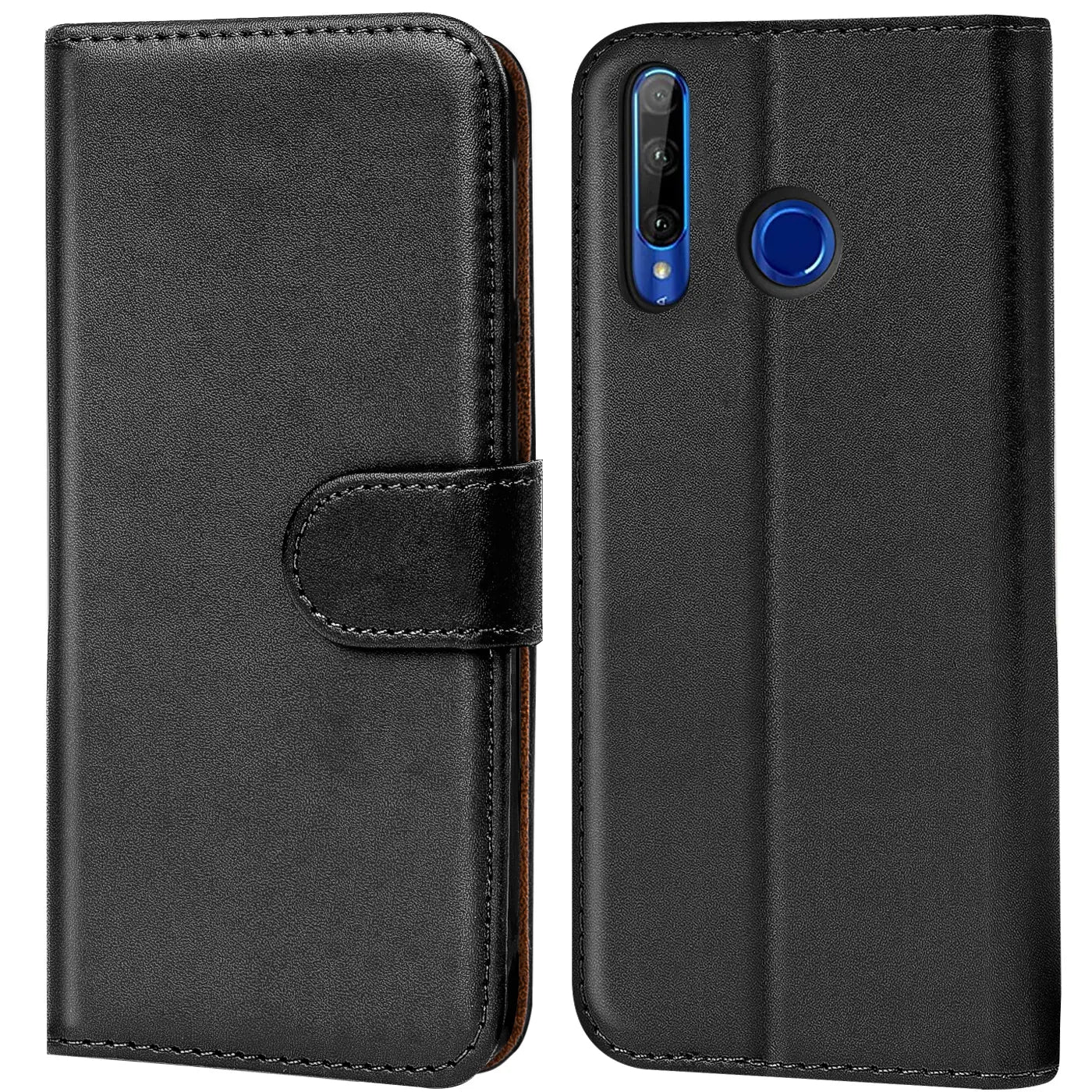 Schwarze Leder-Klapphülle, Vorder- und Rückansicht, mit Honor 20 Lite/20E.