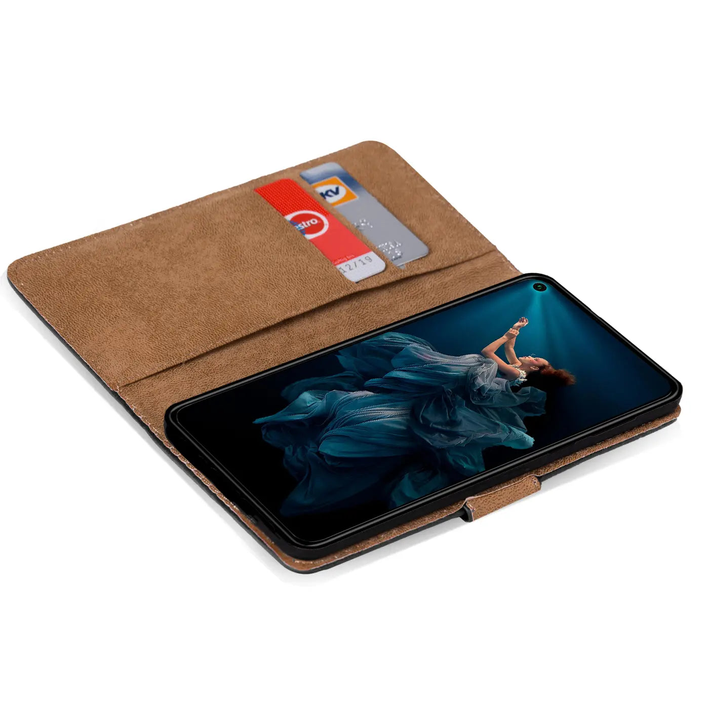 Braune Kunstleder-Klapphülle mit Kartenfächern, Honor 20 Pro, von oben schräg