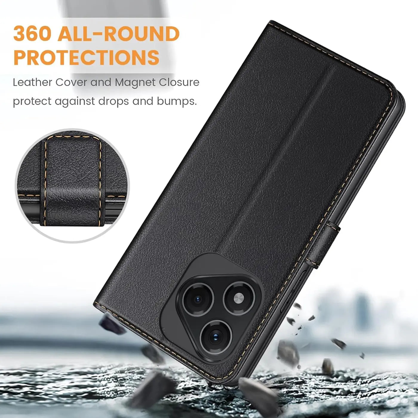 Schwarze Leder-Klapphülle mit Kartenfächern für Honor 400 Lite, Seitenansicht.