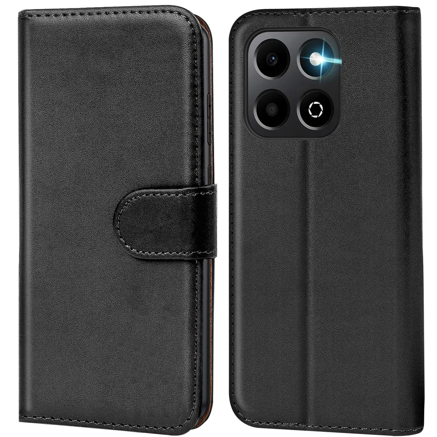 Schwarze Leder-Klapphülle mit Kartenfächern, Vorder- und Rückansicht, mit Honor 400 Smart.