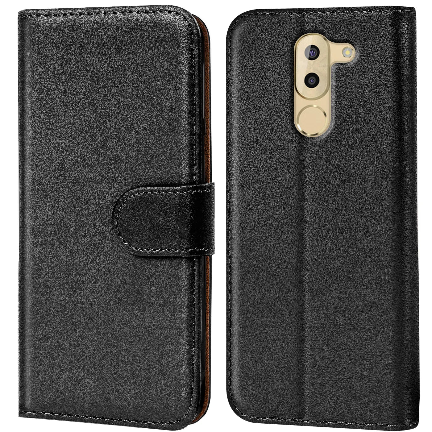 Schwarze Leder-Klapphülle mit Kartenfächern, Vorder- und Rückansicht, Honor 6X.