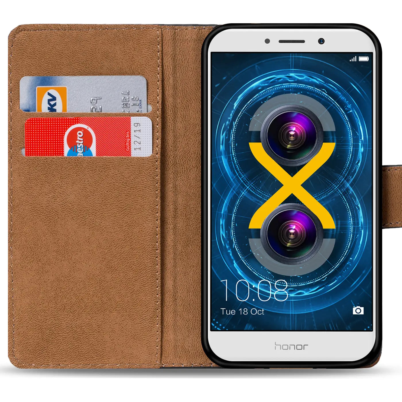 Braune Kunstleder-Klapphülle mit Kartenfächern, zeigt Honor 6X von vorne.