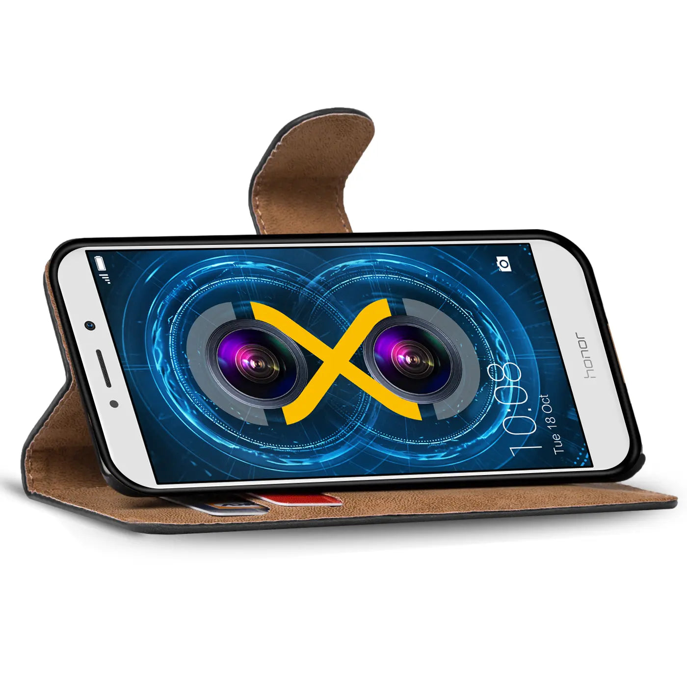 Braune Kunstleder-Klapphülle mit Kartenfächern, Honor 6X, von vorne schräg
