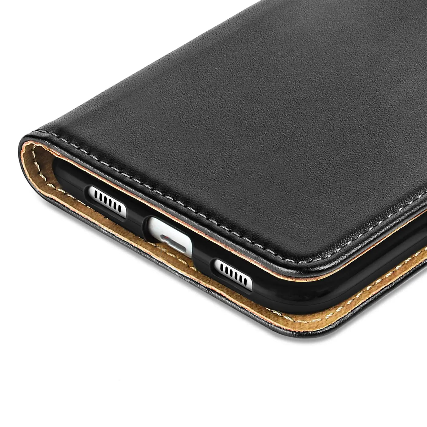 Schwarze Leder-Klapphülle mit braunem Rand, Nahaufnahme, Honor 6X erkennbar.
