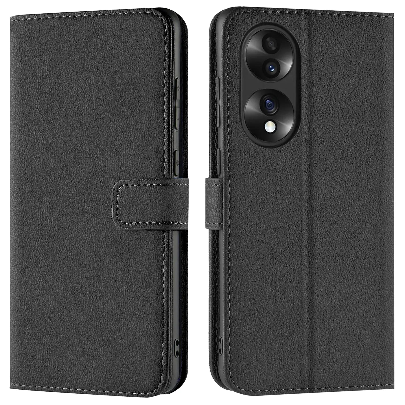 Schwarze Kunstleder-Klapphülle mit Kartenfächern, Vorder- und Rückansicht, für Honor 70