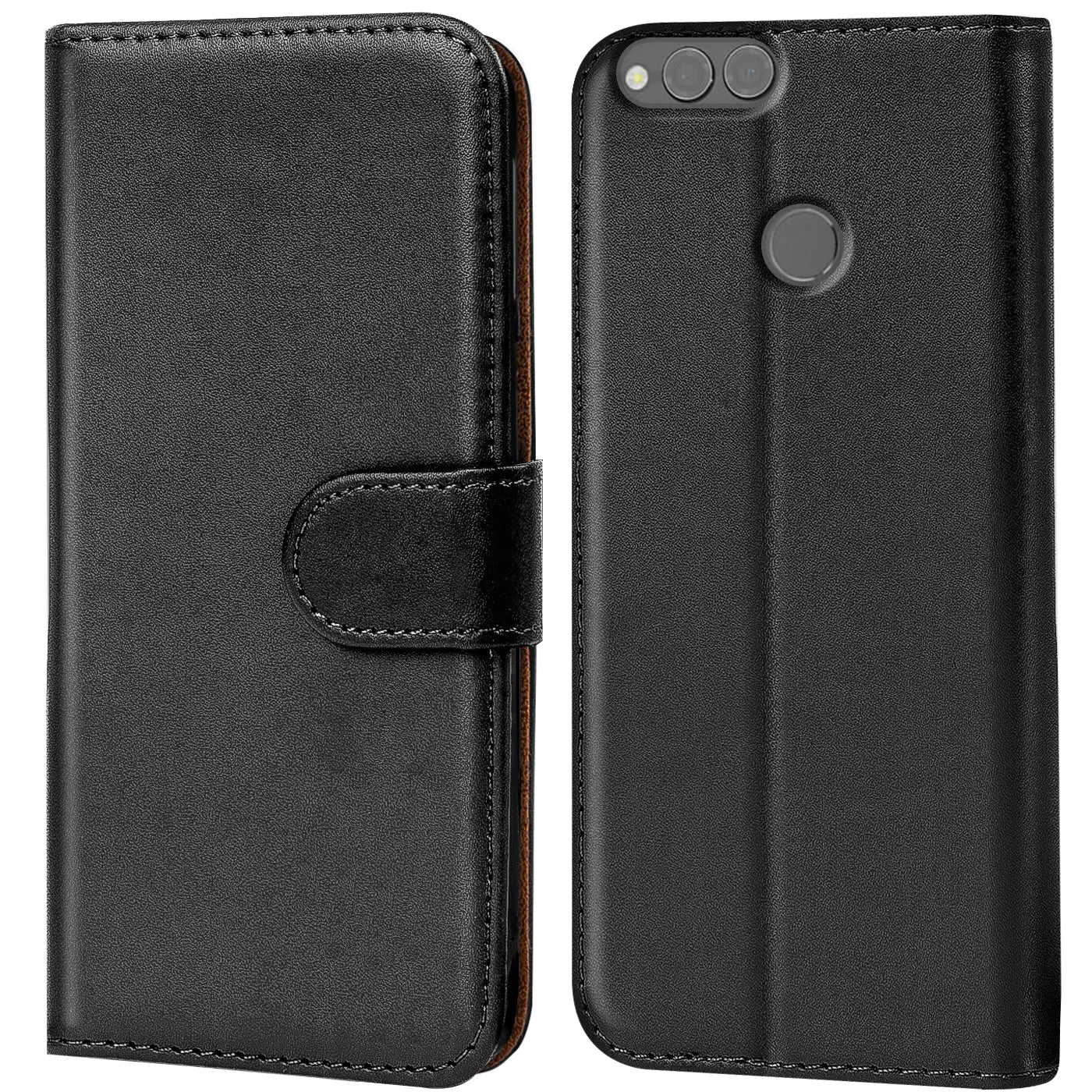 Schwarze Leder-Klapphülle mit Kartenfächern für Honor 7X, Vorder- und Rückansicht.