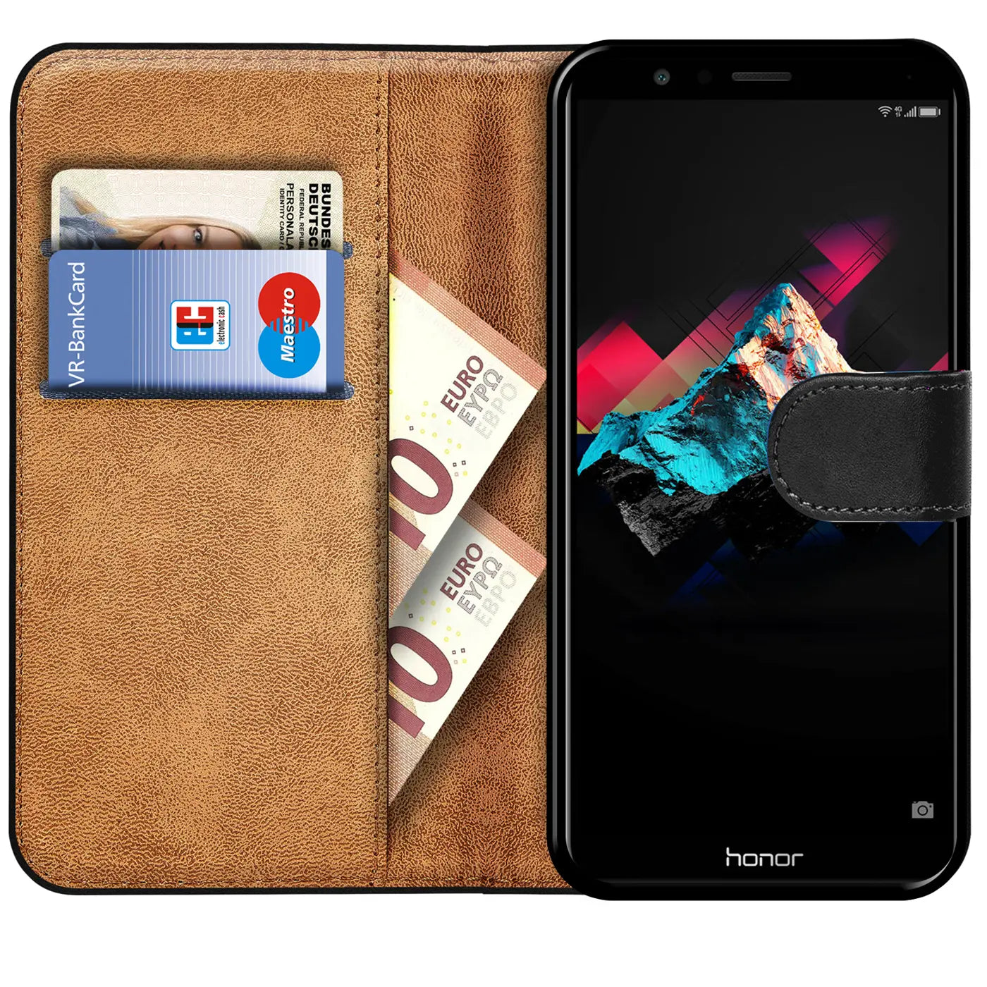 Braune Kunstleder-Klapphülle mit Kartenfächern und Honor 7X, von vorne