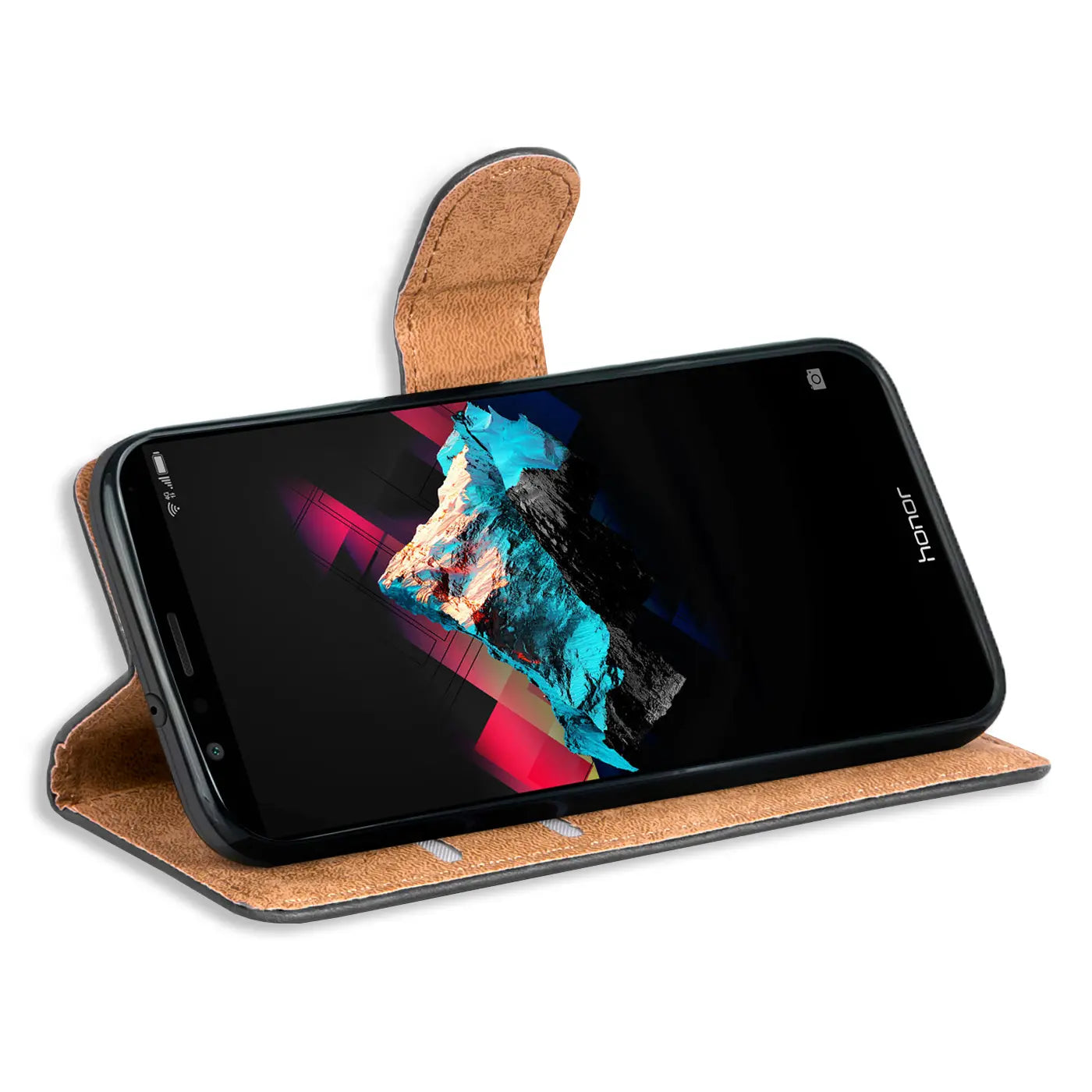 Braune Kunstleder-Klapphülle mit Kartenfächern für Honor 7X, Seitenansicht.