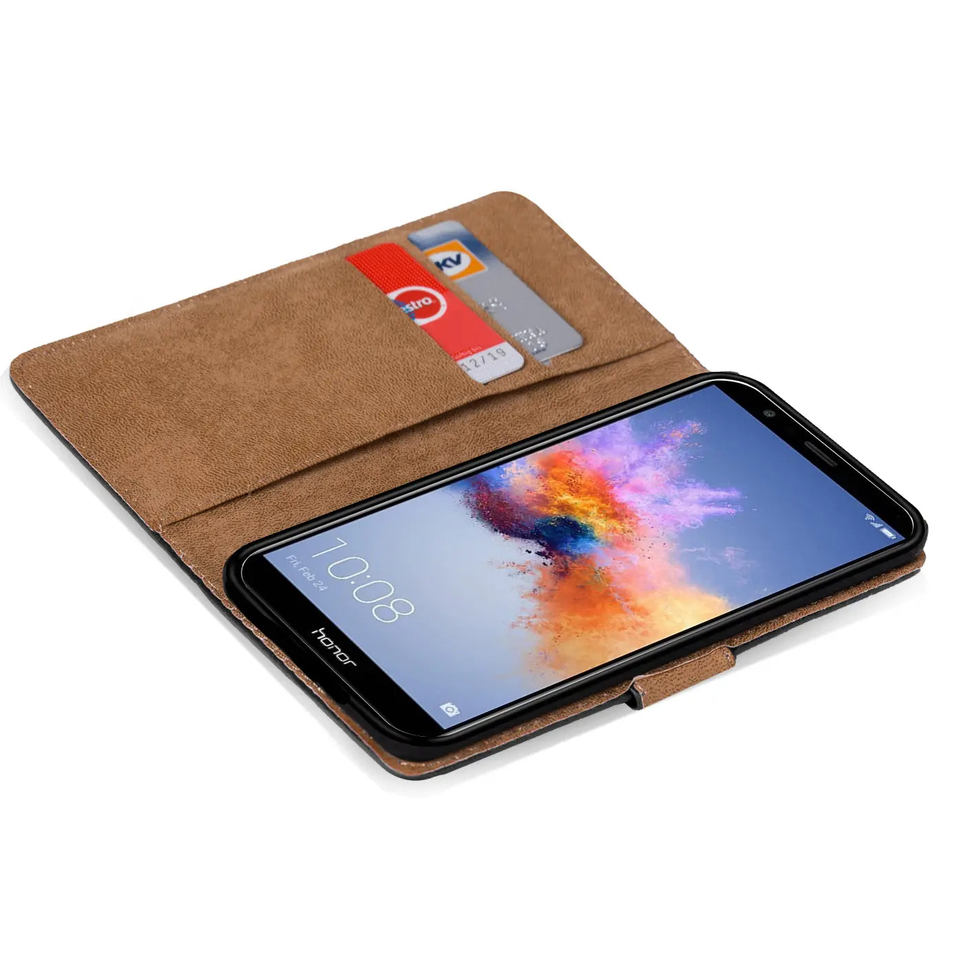 Braune Kunstleder-Klapphülle mit Kartenfächern für Honor 7X, von oben betrachtet.