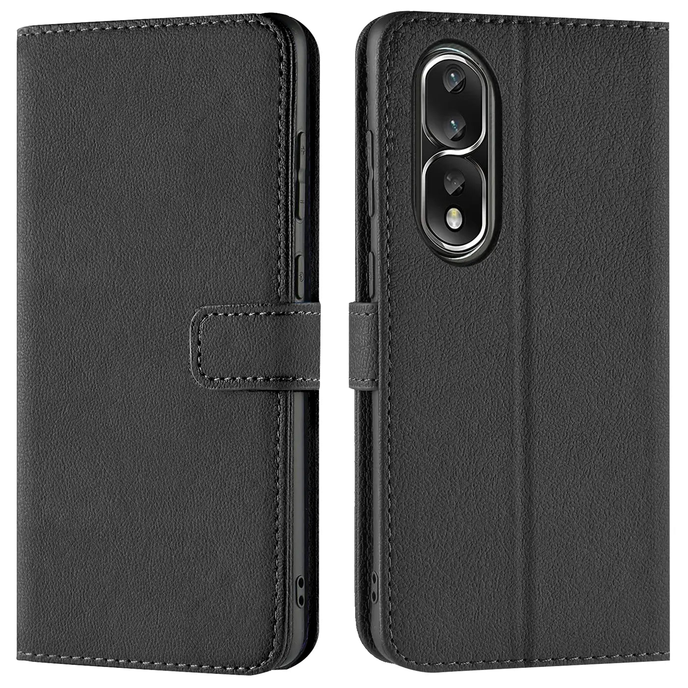Schwarze Leder-Klapphülle mit Kartenfächern für Honor 80 Pro, Vorder- und Rückansicht.