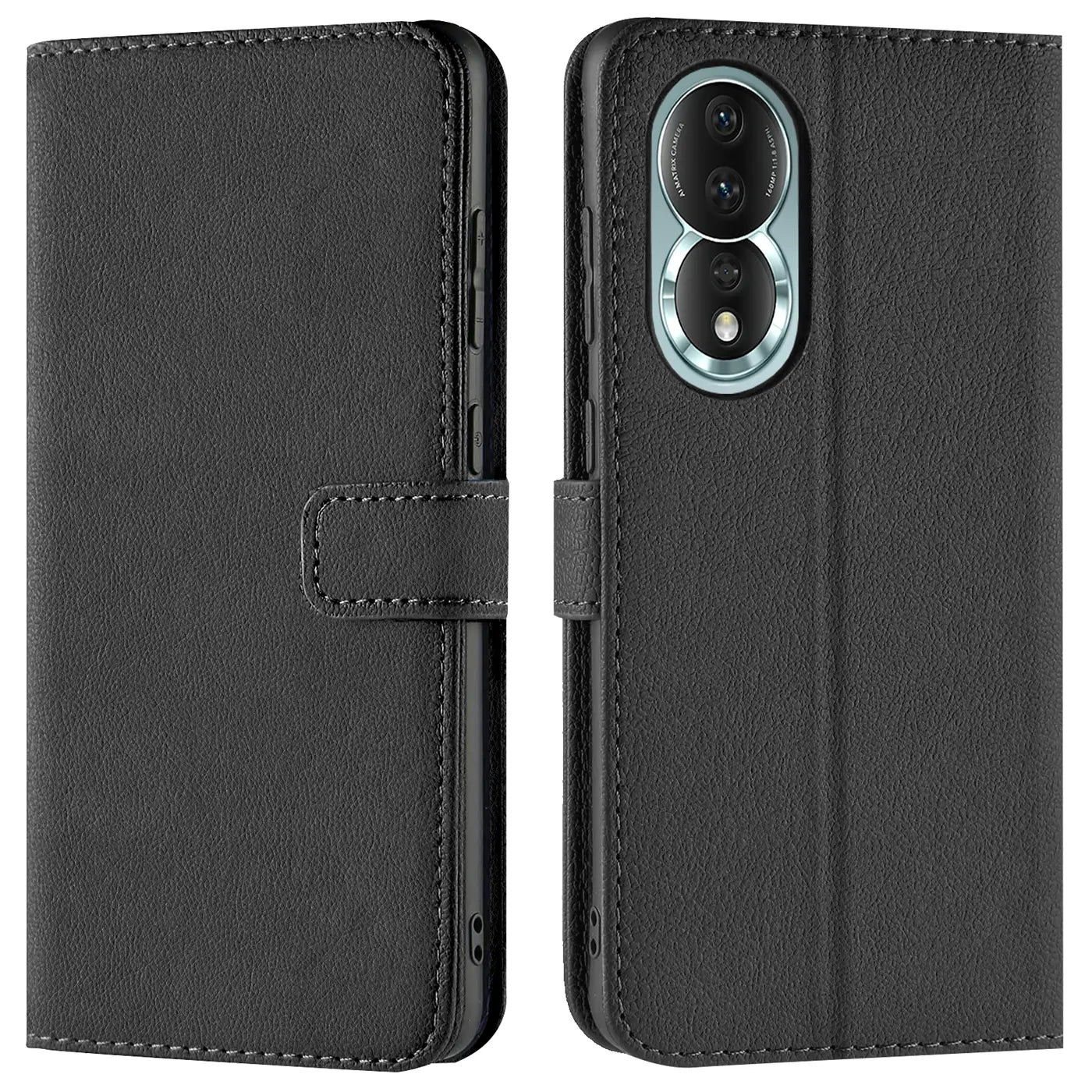 Schwarze Leder-Klapphülle für Honor 80, Vorder- und Rückansicht.