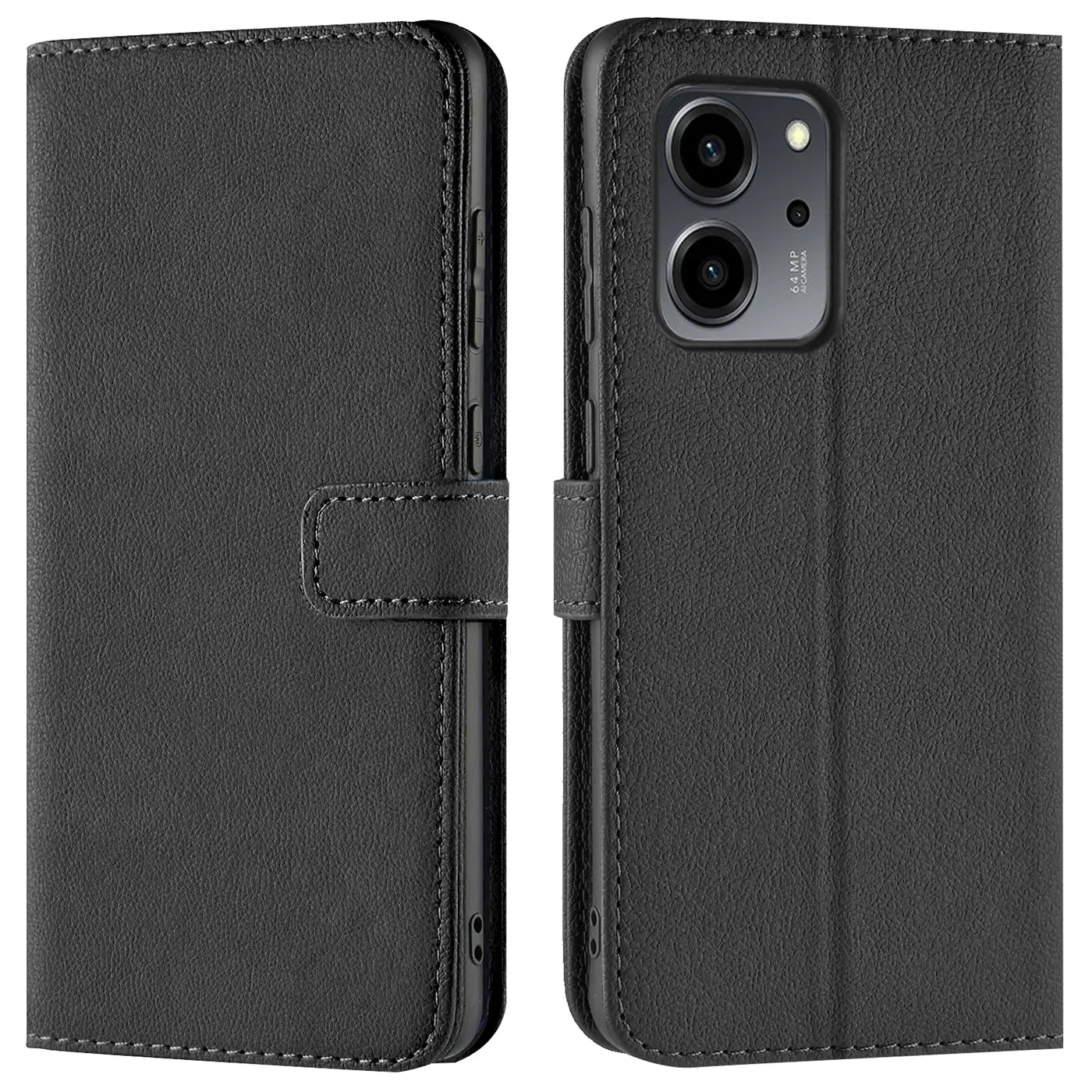 Schwarze Leder-Klapphülle mit Kartenfächern, Vorder- und Rückansicht, für Honor 80 SE.