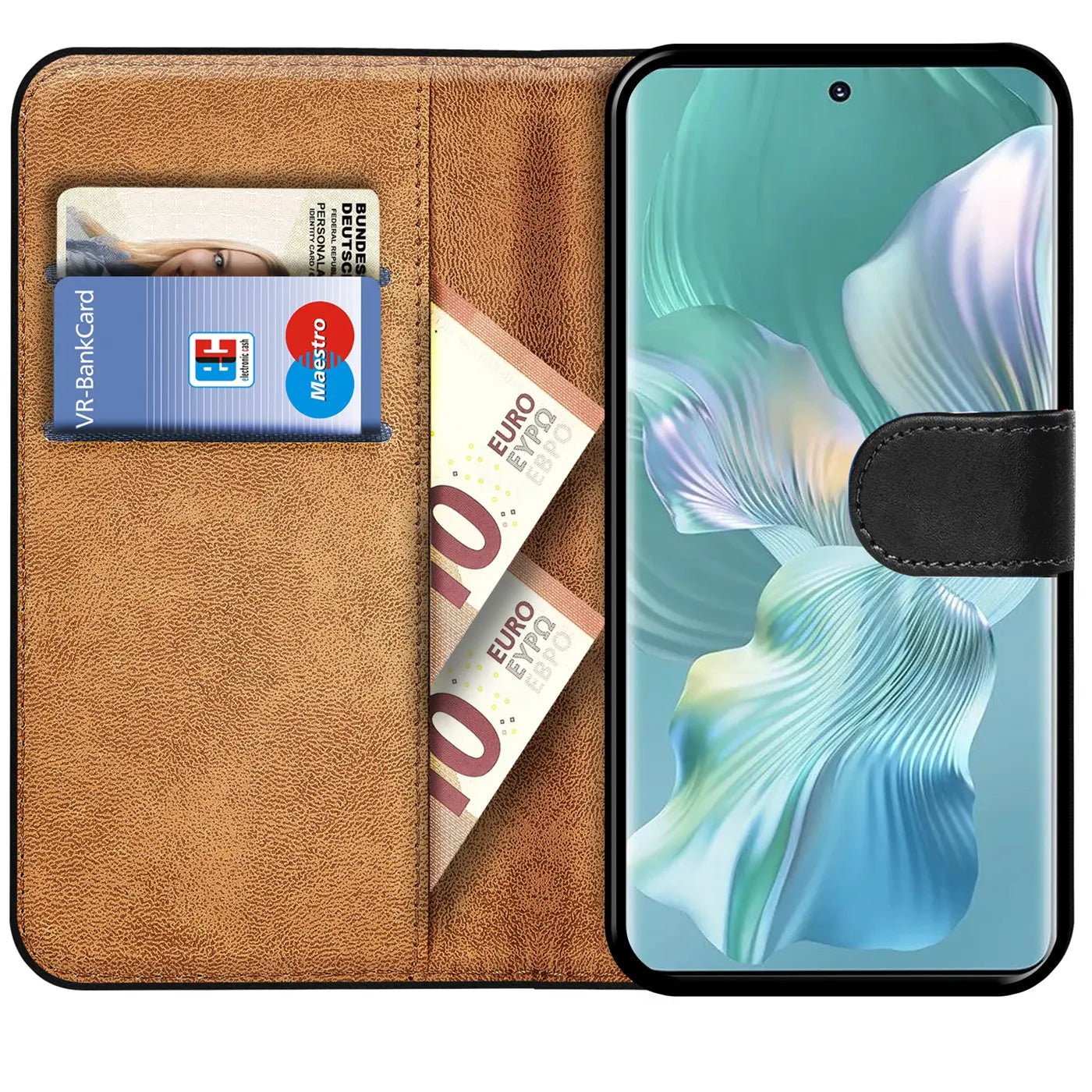 Braune Leder-Klapphülle mit Kartenfächern, zeigt Honor 80 SE, Geld, Bankkarte.