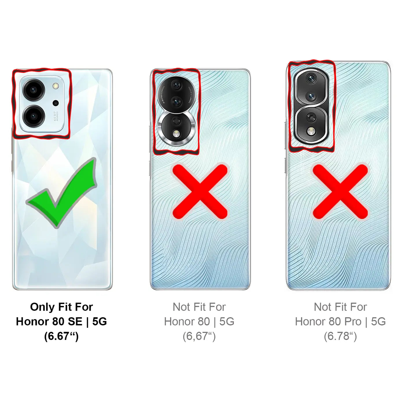 Drei Handy-Rückseiten: Honor 80 SE (grüner Haken), Honor 80 (rotes Kreuz), Honor 80 Pro (rotes Kreuz).