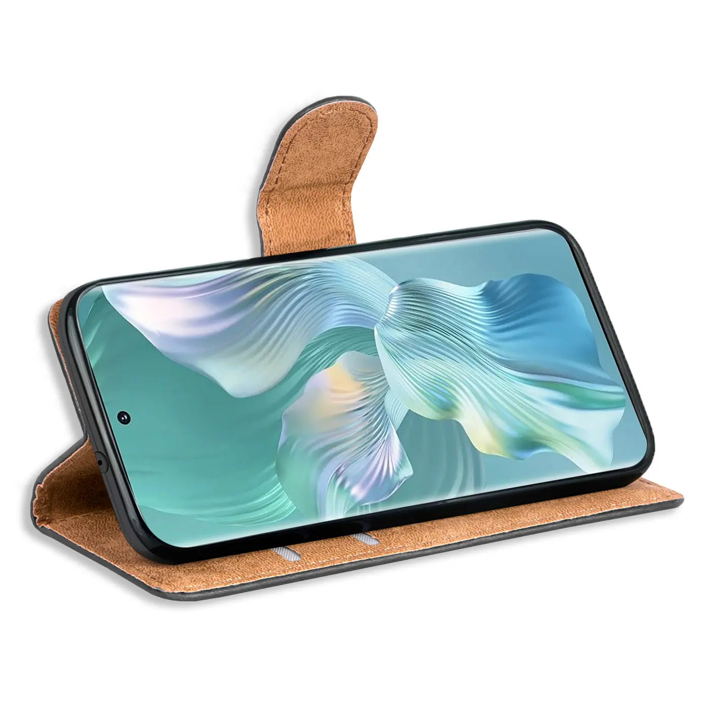Braune Leder-Klapphülle mit Kartenfächern für Honor 80 SE, Seitenansicht.