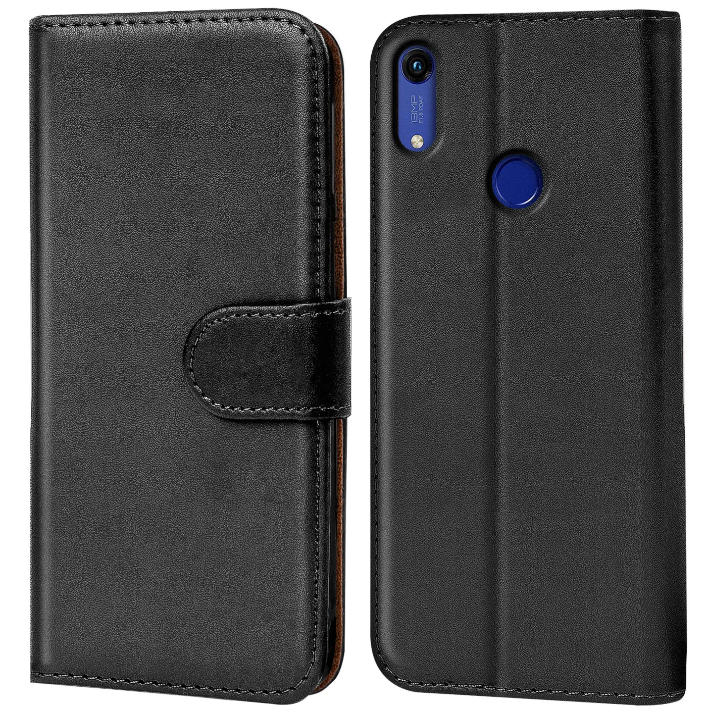 Schwarze Leder-Klapphülle mit Kartenfächern, Vorder- und Rückansicht, Honor 8A.