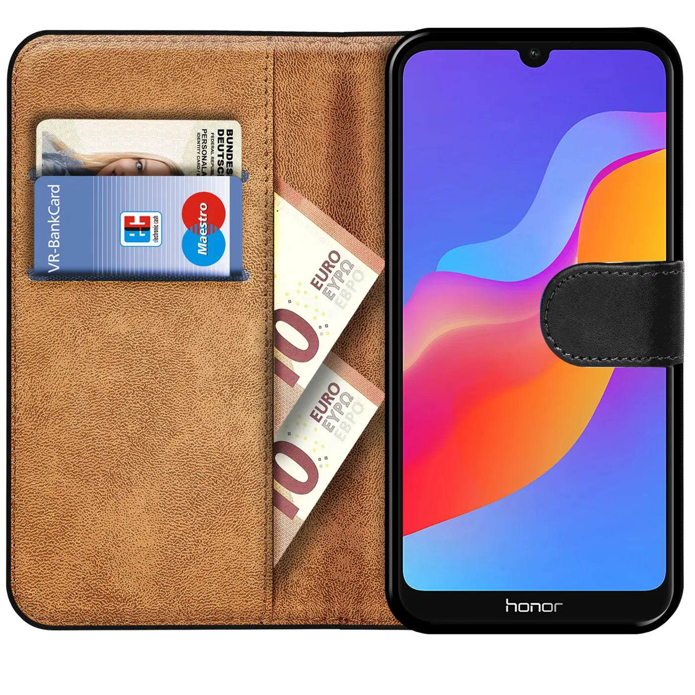 Braune Kunstleder-Klapphülle mit Kartenfächern, zeigt Honor 8A, von vorne