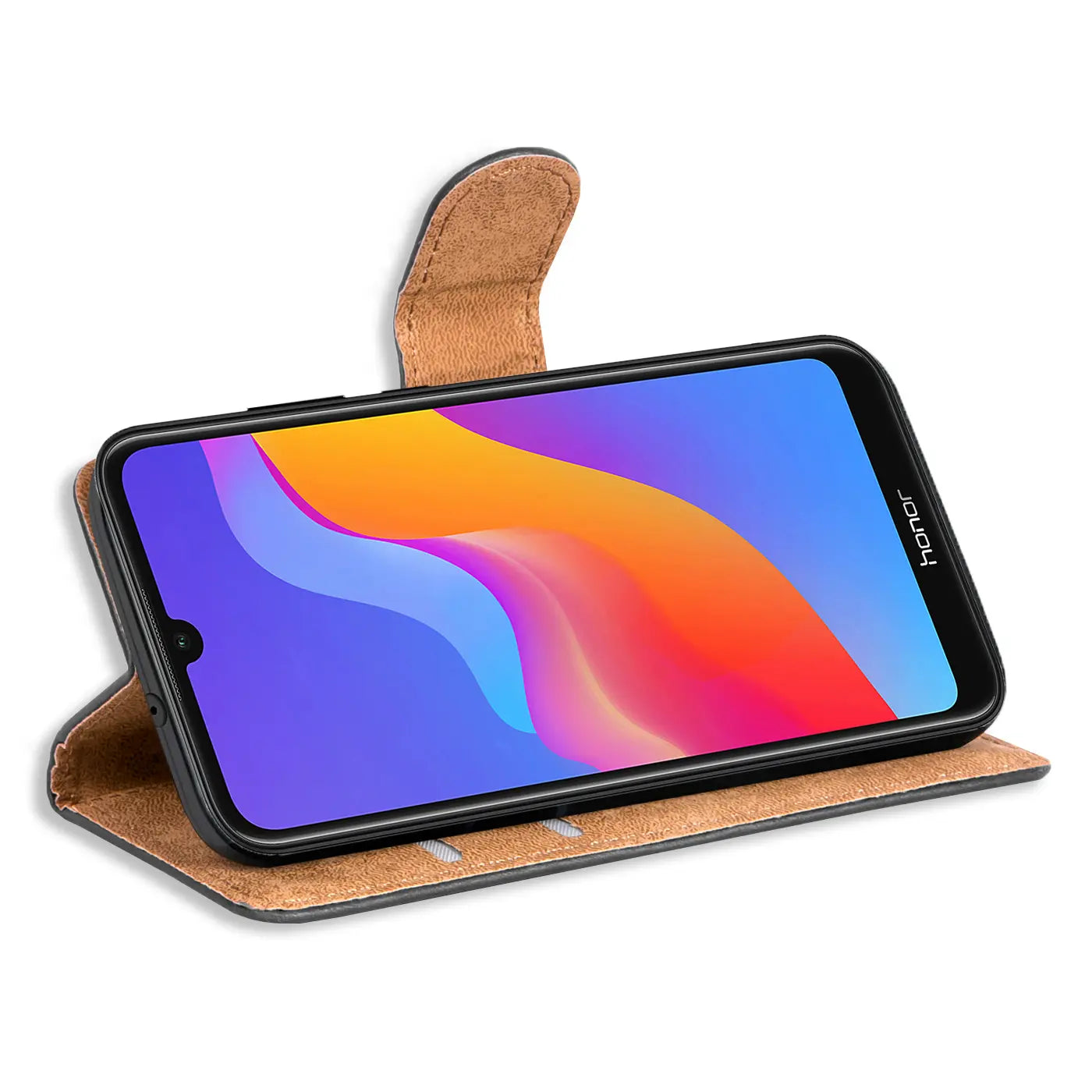 Braune Kunstleder-Klapphülle mit Kartenfächern für Honor 8A, Seitenansicht.