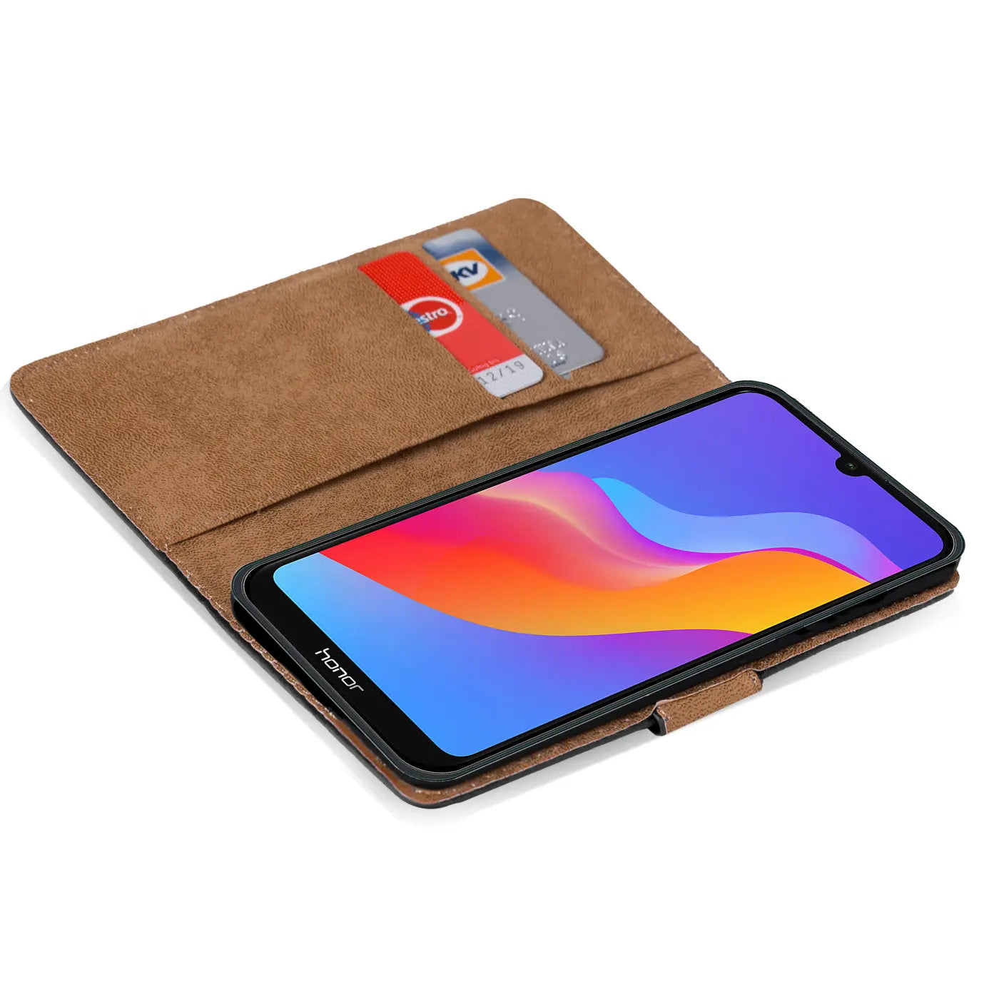 Braune Kunstleder-Klapphülle mit Kartenfächern, zeigt Honor 8A von vorne.