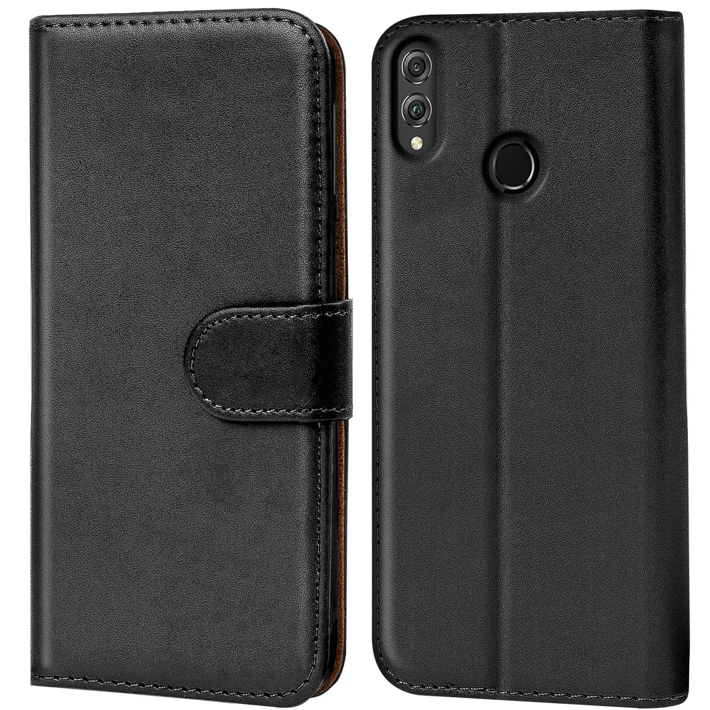 Schwarze Leder-Klapphülle mit Kartenfächern, Vorder- und Rückansicht, Honor 8X erkennbar.