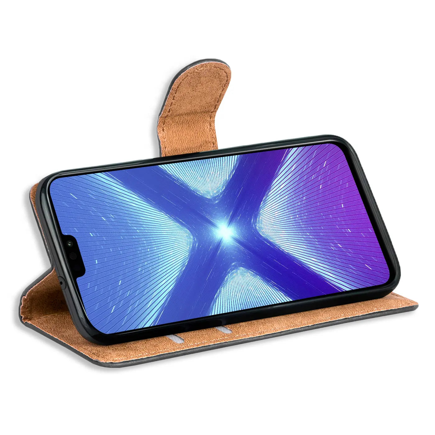 Braune Kunstleder-Klapphülle mit Kartenfächern für Honor 8X, Seitenansicht.