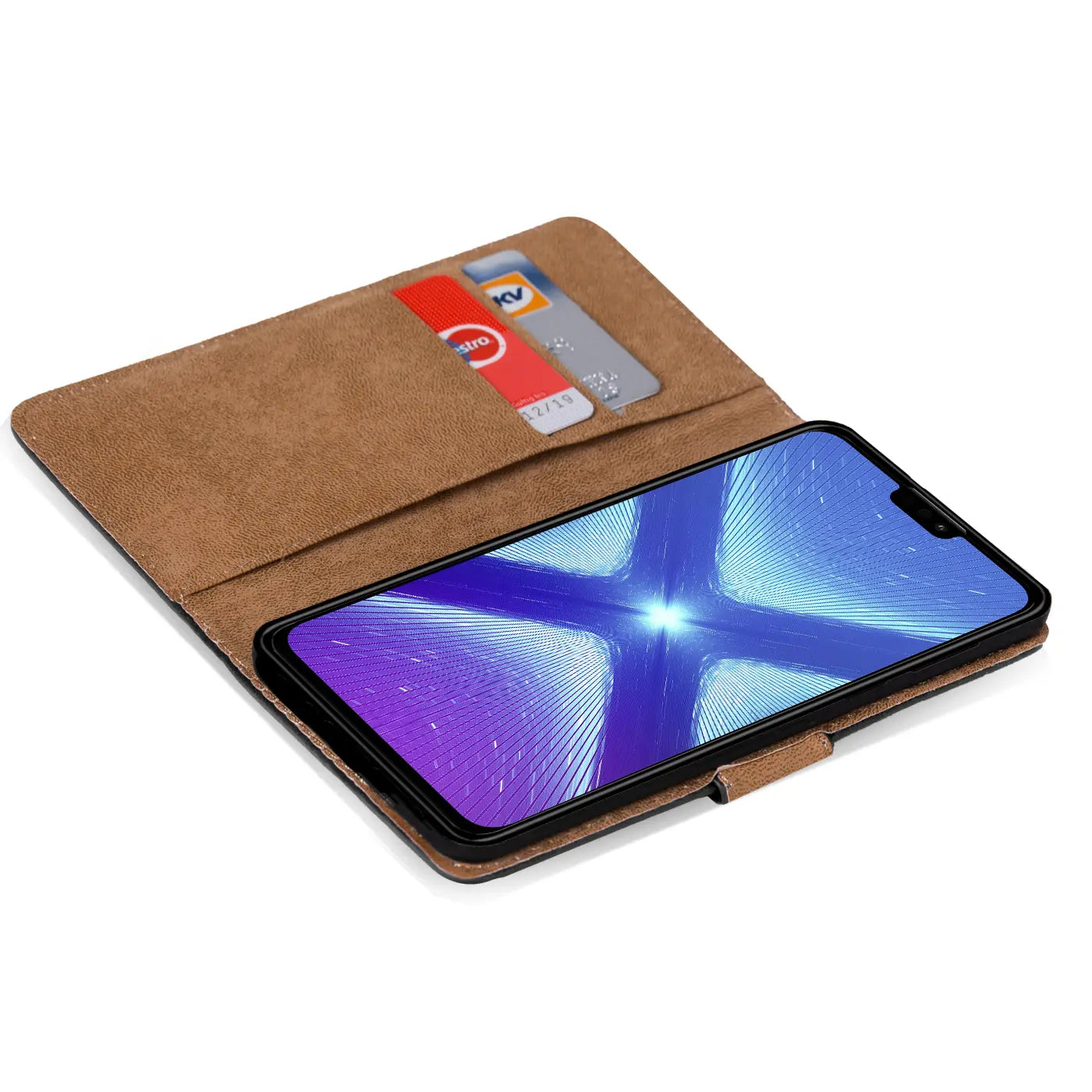 Braune Kunstleder-Klapphülle mit Kartenfächern, Honor 8X, von oben schräg