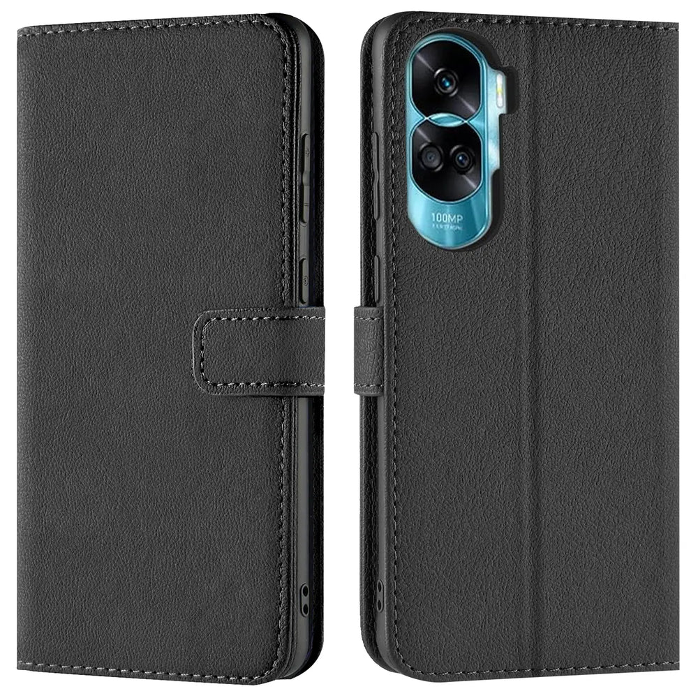 Schwarze Leder-Klapphülle mit Kartenfächern, Vorder- und Rückansicht, Honor 90 Lite.