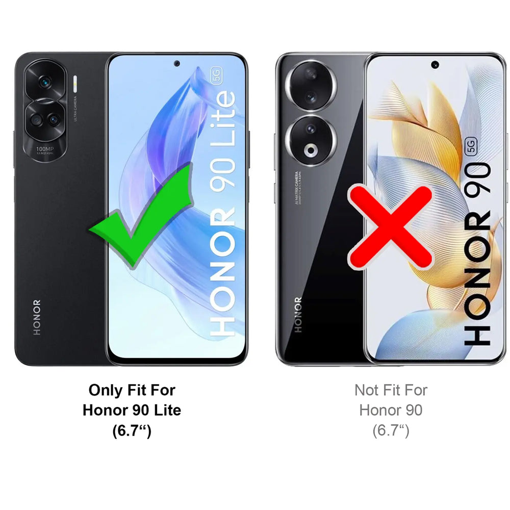 Zwei schwarze Honor 90 Lite Handys, eins mit Haken, eins mit Kreuz.